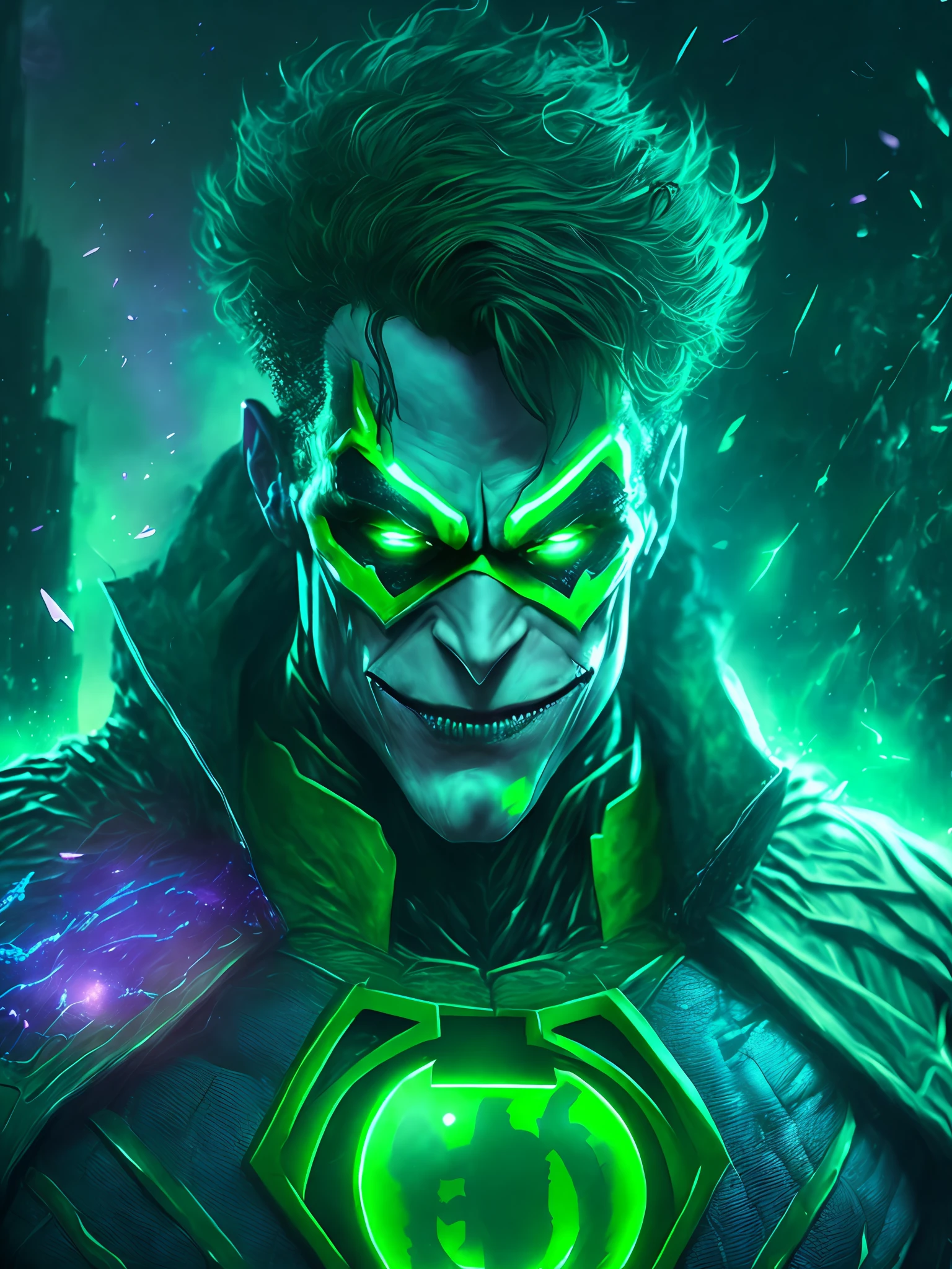 gloomy portrait of Green Lantern Joker from DC, extremely detailed, futuristic cityscape, nighttime, glowing neon lights, smoke, sparks, metal shavings, flying debris, blue energy effects, volumetric light