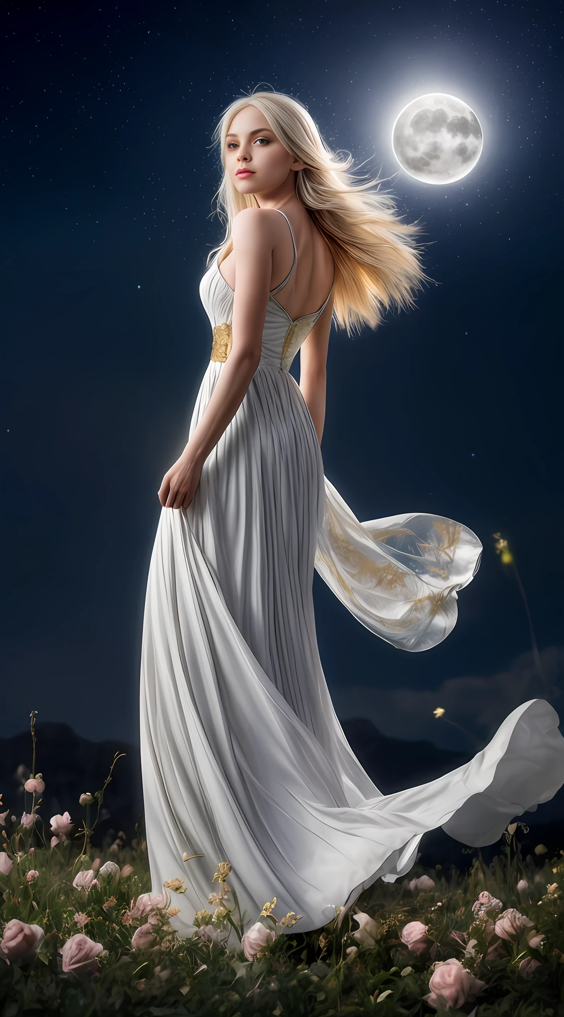 (best quality, masterpiece), 1girl elf, pose, long white dress particle, wind, flowers of silver and gold, upper body, simple background, looking at viewer, blonde and silver hair, moonlight sky background, backlit, rim light, glow