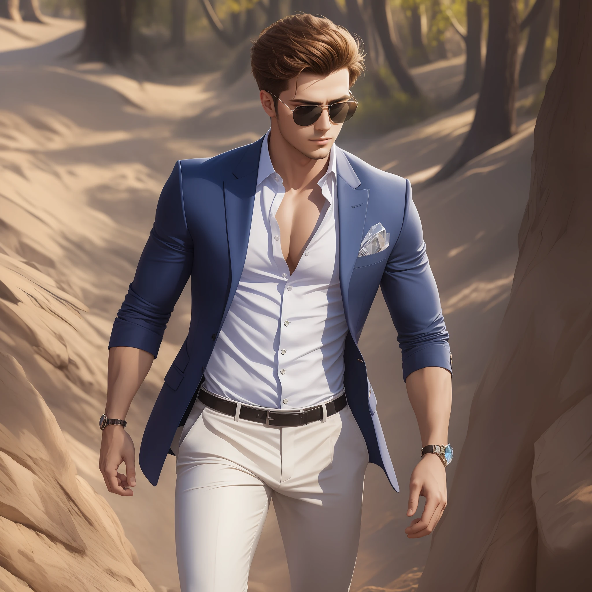 A beautiful portrait of handsome young man, sharp and focus, (full body), highly detailed, hyper realistic portrait, wearing sunglass, crystal image, natural lighting, portrait photography