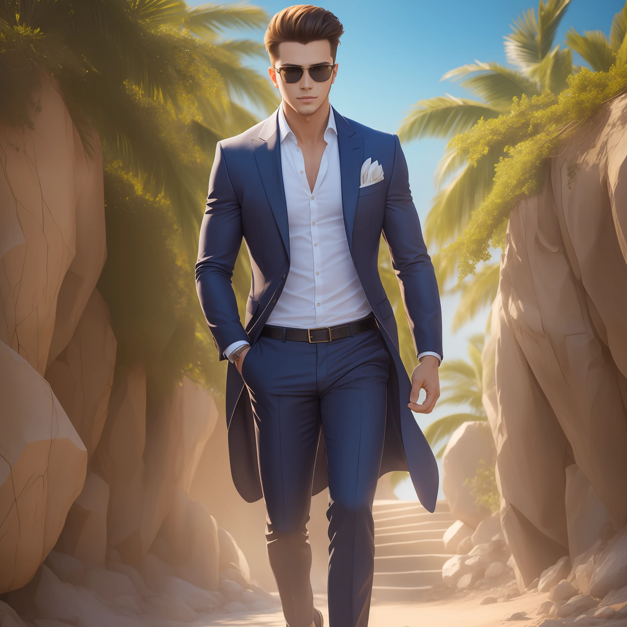 A beautiful portrait of handsome young man, sharp and focus, (full body), highly detailed, hyper realistic portrait, wearing sunglass, crystal image, natural lighting, portrait photography