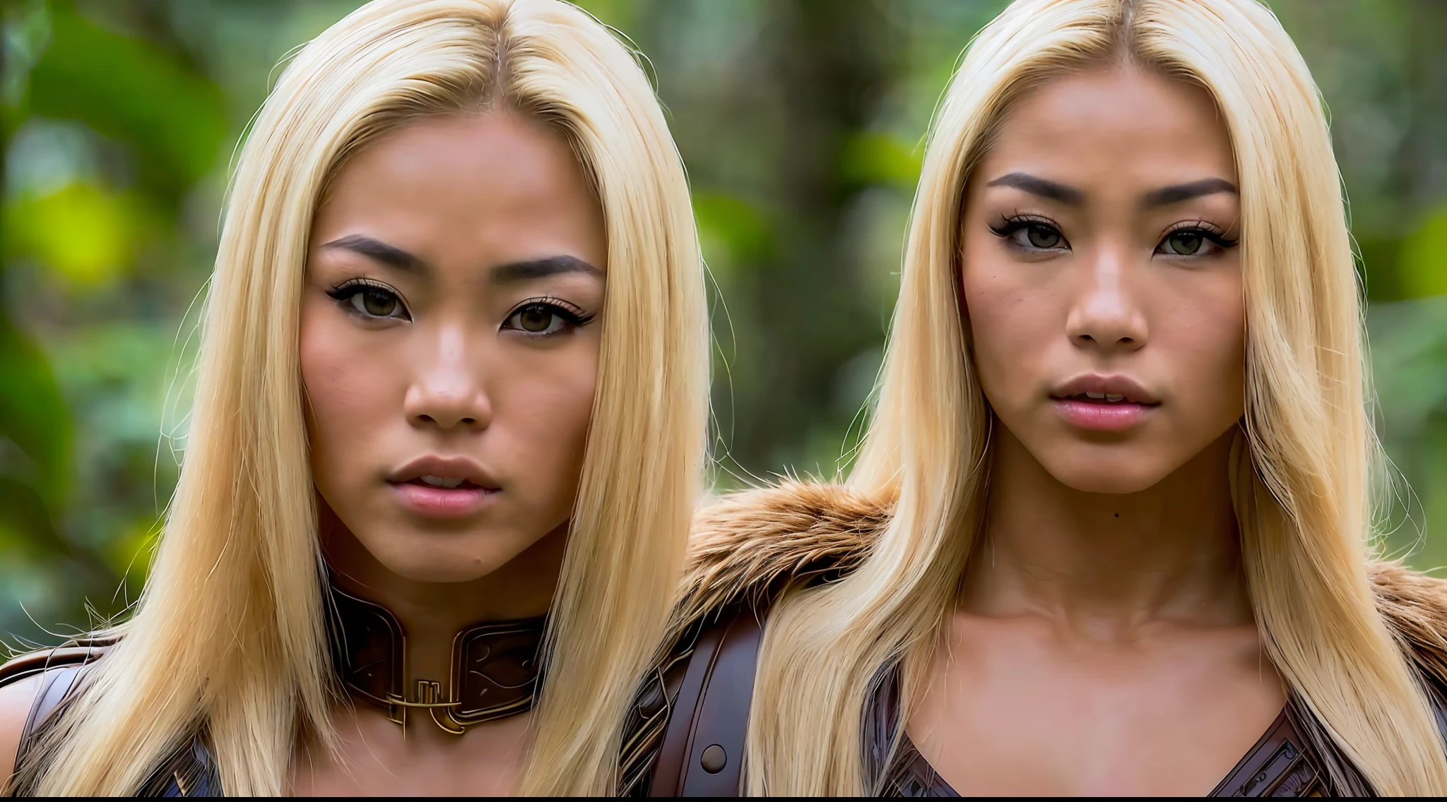 a beautiful young Asian woman with blond hair and a bodybuilder physique, as a female warrior in the jungle, full body, cinematic medium close up portrait, Key light, backlight, natural lighting, photography 400 ISO film grain 30mm lens RAW aperture f1.8, art photographer, movie still poster from Lord of the Rings, medium intricate print, choker