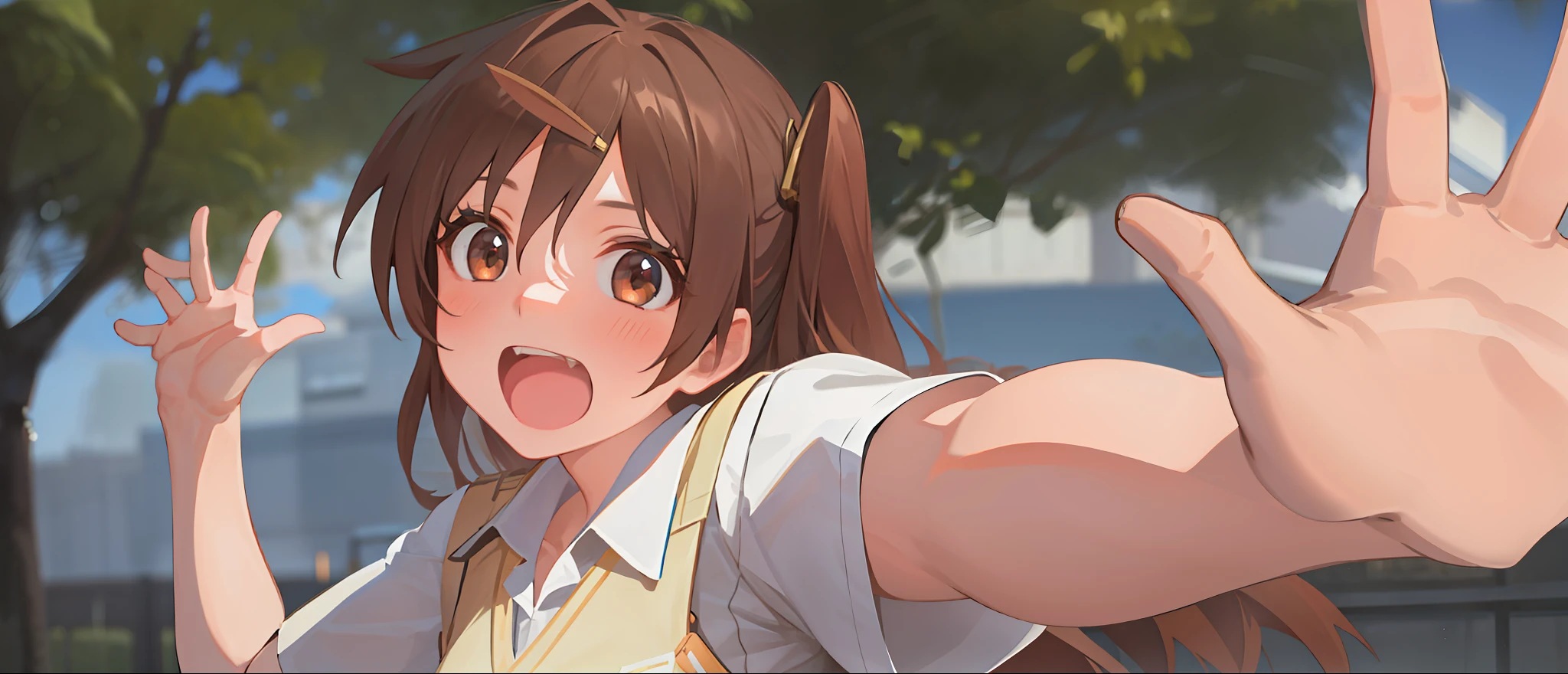 high resolution, masterpiece, Shinka Nibutani, brown hair, solo, 1girl, exterior, cut-out background, detailed eyes, ((brown eyes))