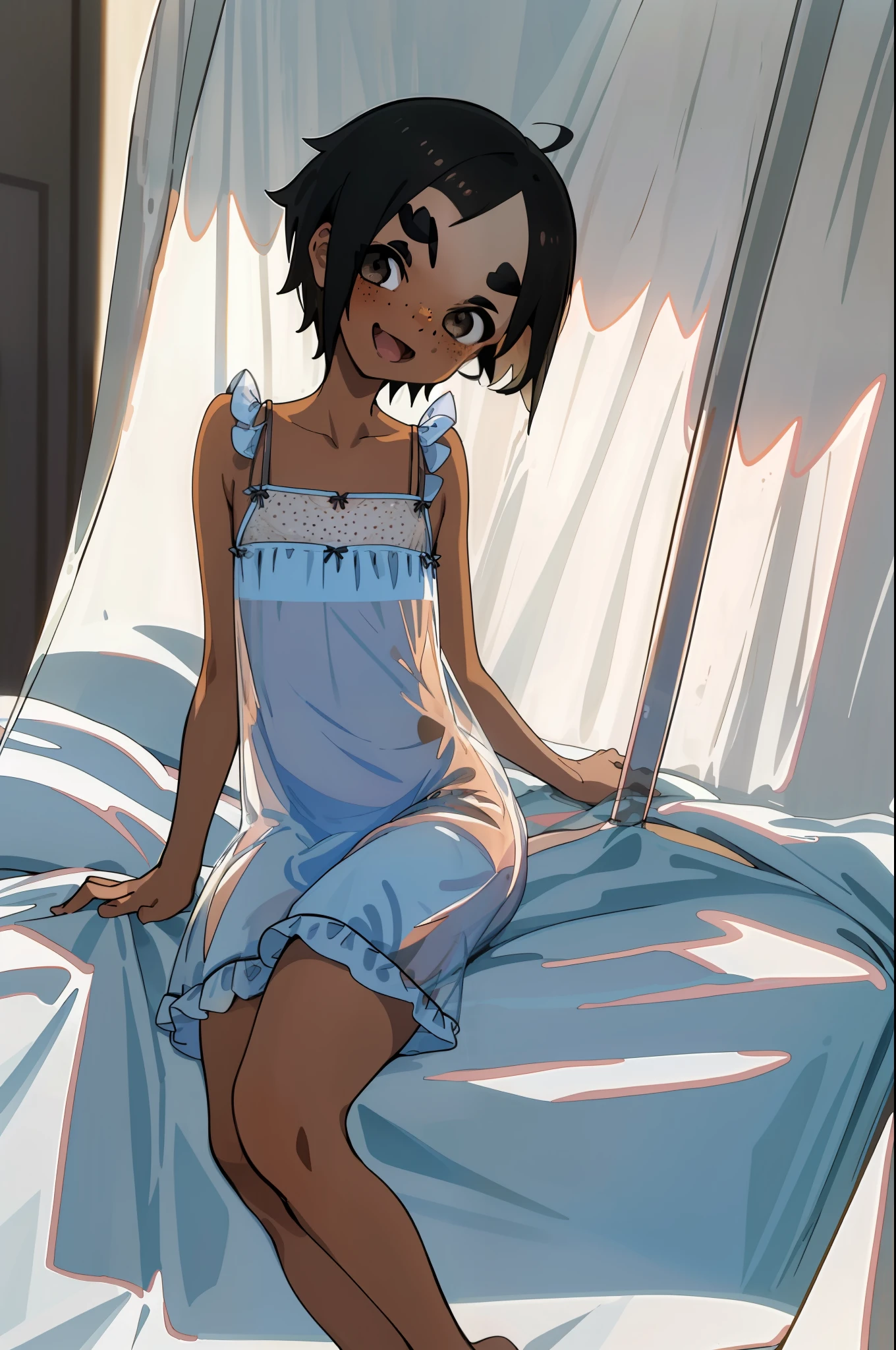 (1girl,solo,masterpiece), open mouth, tongue, lying down in bed, (transparent chemise:1.5),(flat chest:1.5),((very short hair,tomboy,thick eyebrows):1.2),(dark skin:1.2),(black hair:1.1), full body, smile,detailed, high quality, freckles