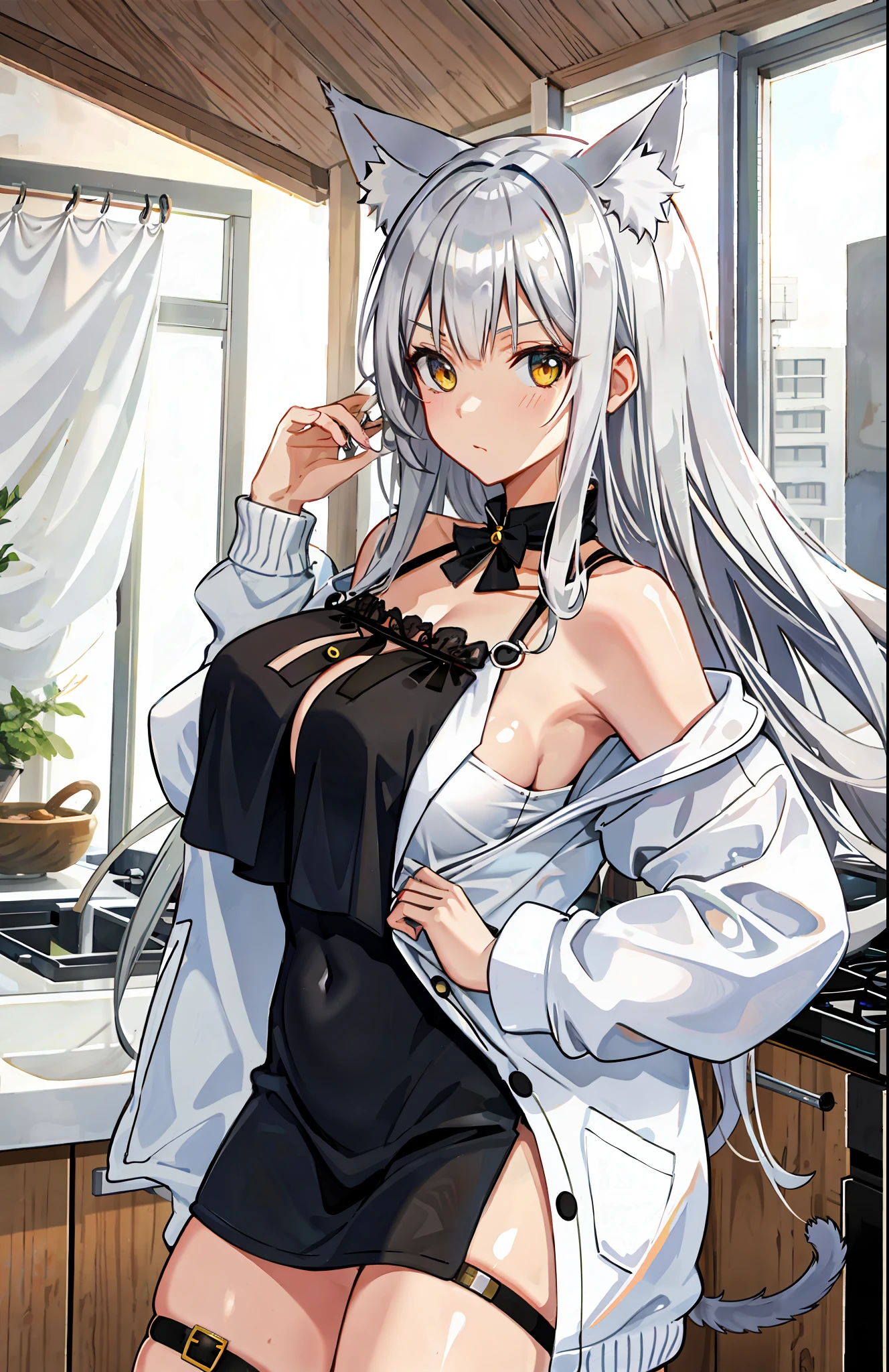 Makima Big tits 2 areolas, Cat ears Silver hair No panties