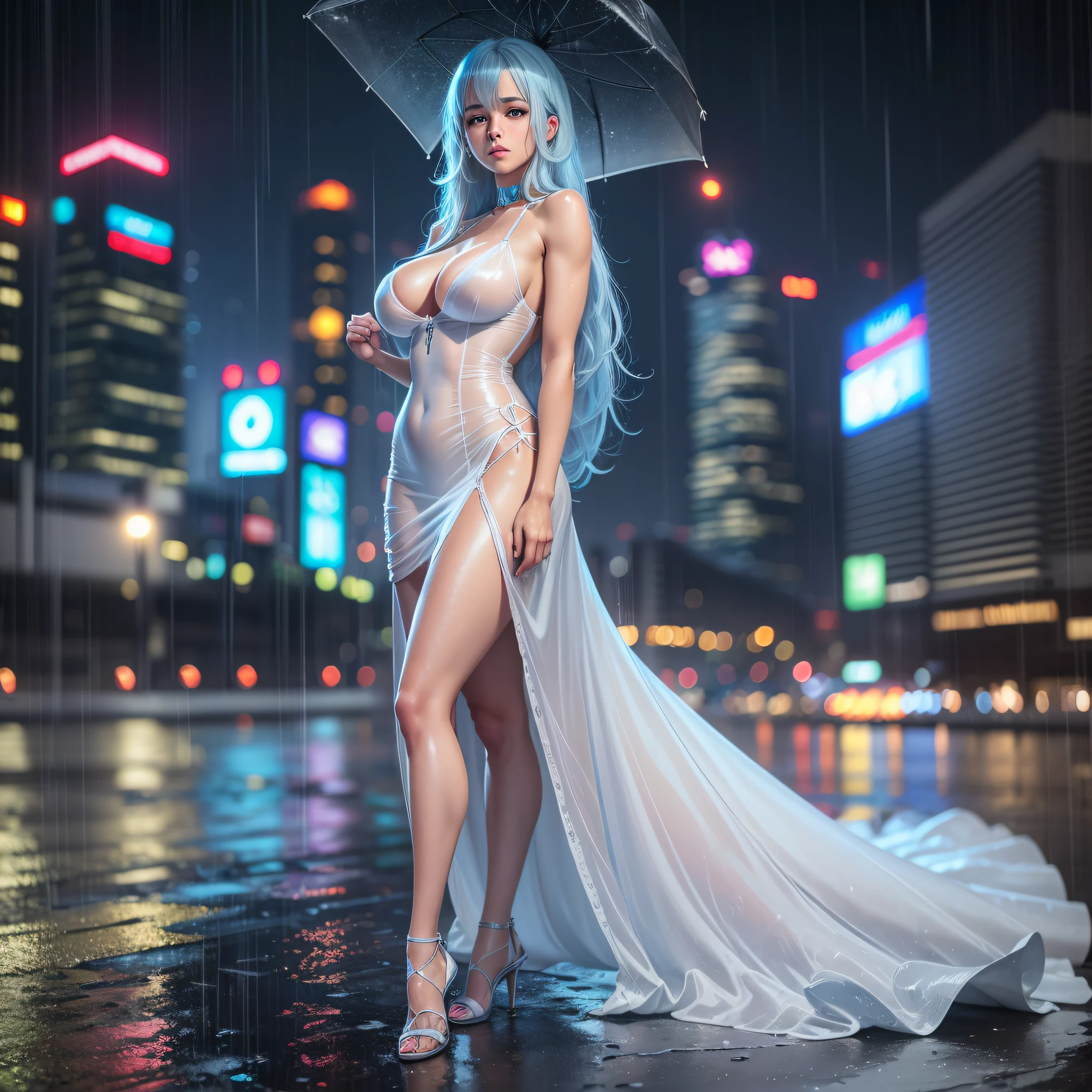 (8k, RAW photo, best quality, masterpiece:1.2), (realistic, photo-realistic:1.37),1girl,cityscape, night, rain, wet, professional lighting, photon mapping, radiosity, brazilian girl,torn , large breasts, transparent white dress, light blue hair, very long hair, muscular definition, --auto --s2