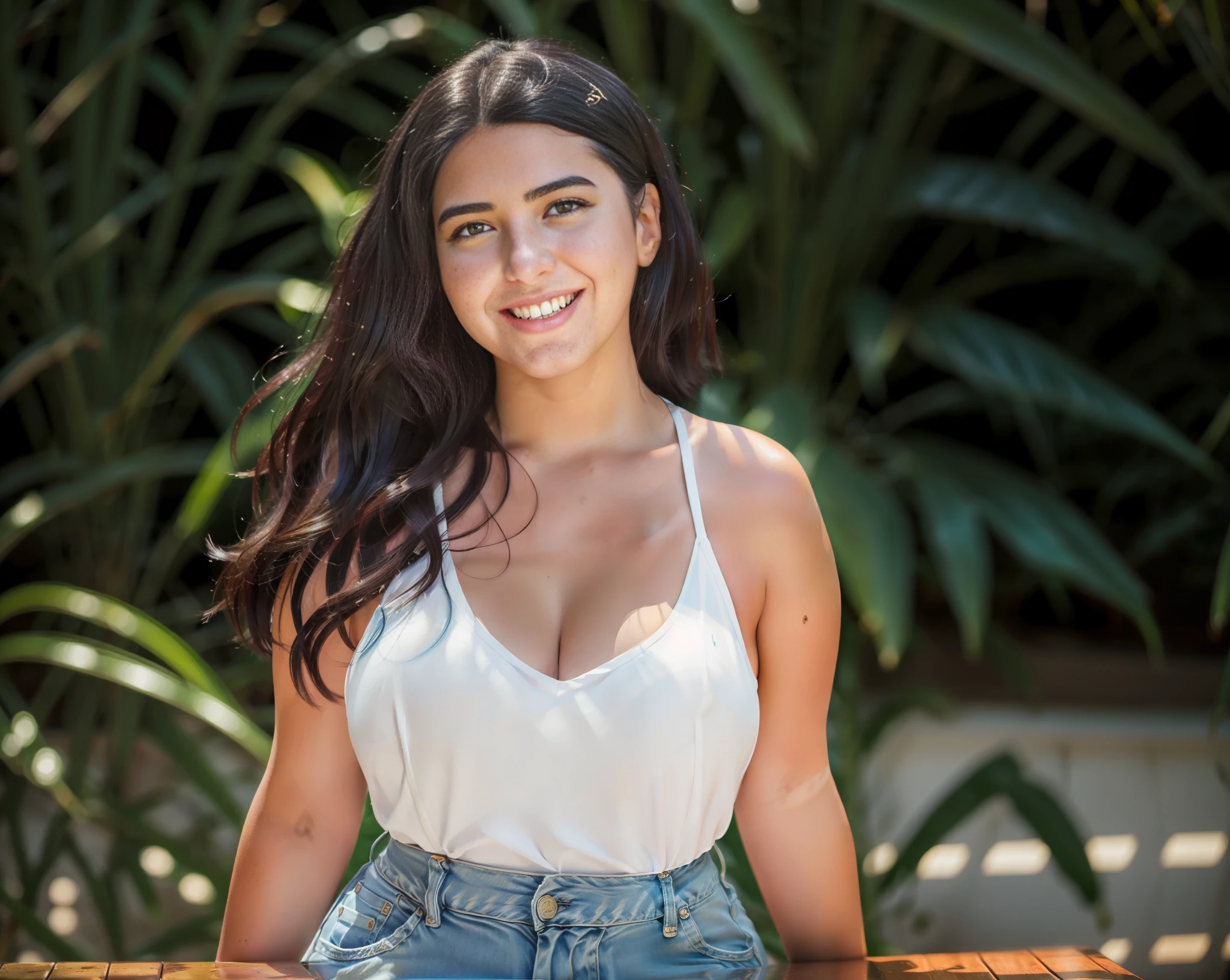 (A full height photo of a beautiful curvy  girl), black hair, laughing, looking at viewer, portrait, photography, detailed skin, realistic, photo-realistic, 8k, highly detailed, full length frame, High detail RAW color art, diffused soft lighting, shallow depth of field, sharp focus, hyperrealism, cinematic lighting, centered