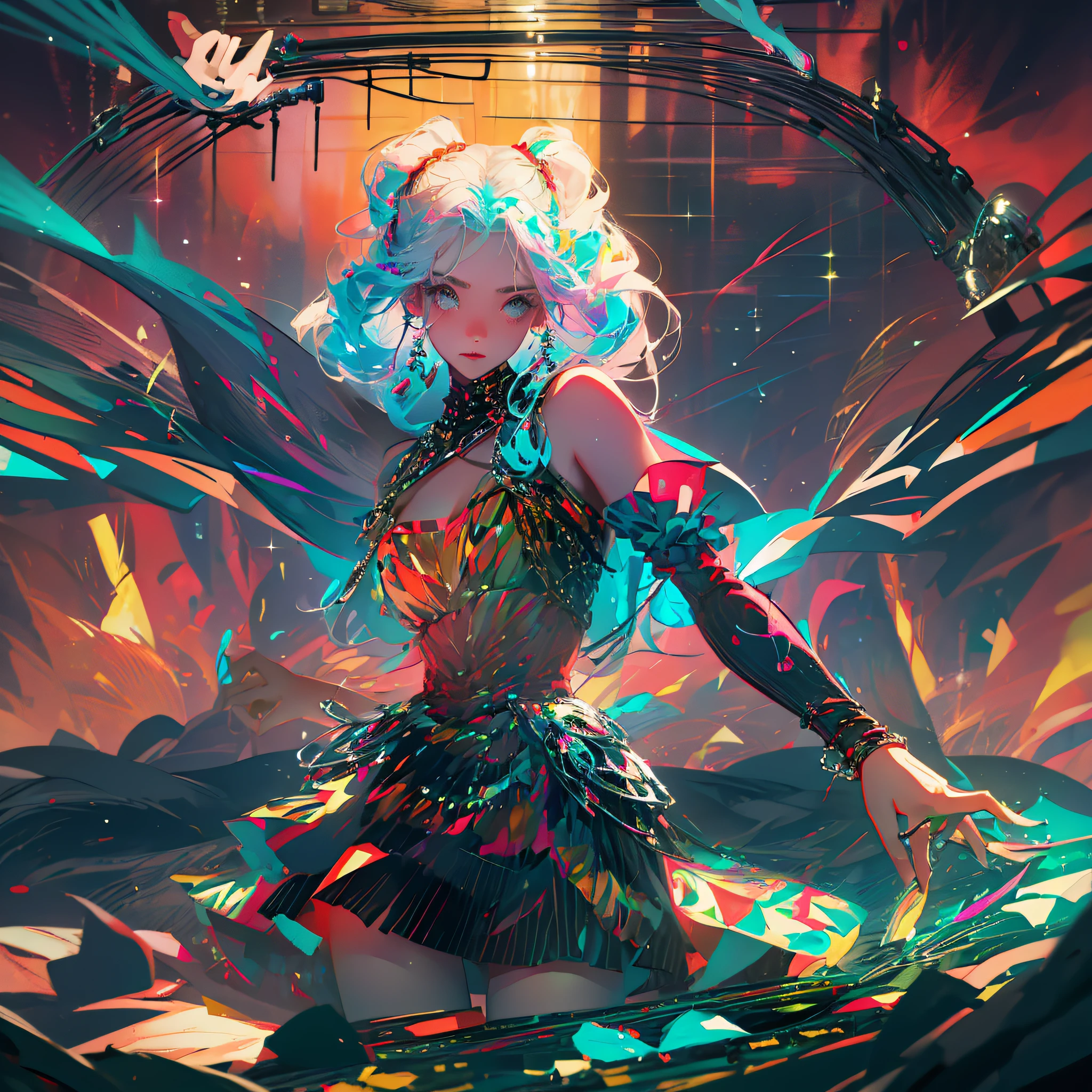 The girl is standing on a DJ platform with mixing equipment in front of her.
She is wearing headphones and looking at the crowd.
The crowd is dancing and enjoying the music around them.
There are colorful, pulsating lights illuminating the dance floor and the audience.
The image has 4K resolution, which means that the quality is extremely high and detailed. --auto --s2