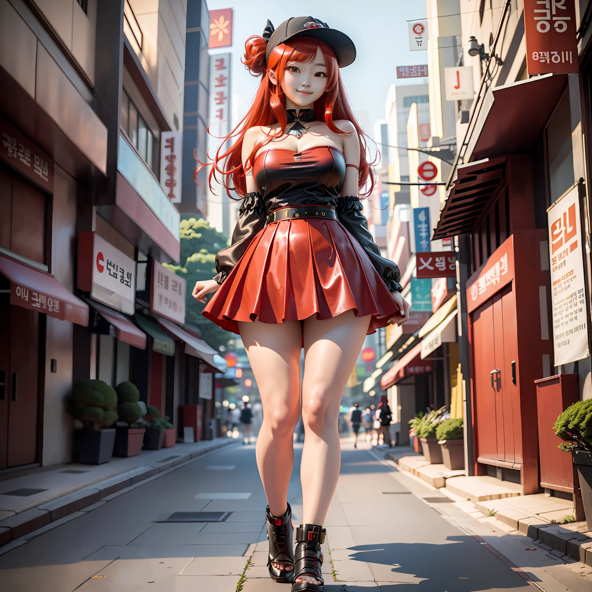 masterpiece, maximum quality, ultra high resolution, 8k, korean girl, full body, detailed face, detailed eyes, shy smile, red hair, dressing mini skirt and strapless dress, wide hips, thick thighs, walking the streets of Seoul