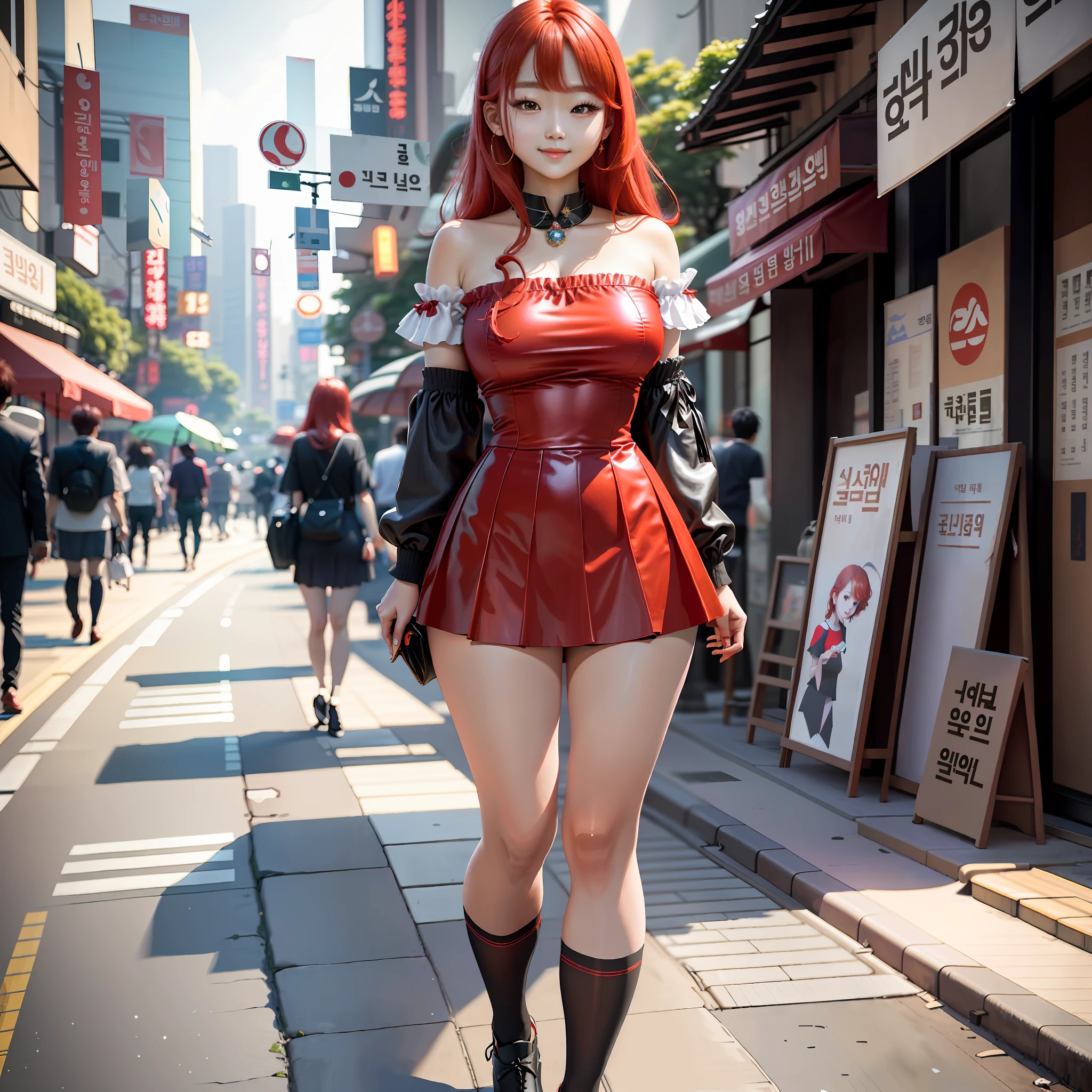 masterpiece, maximum quality, ultra high resolution, 8k, korean girl, full body, detailed face, detailed eyes, shy smile, red hair, dressing mini skirt and strapless dress, wide hips, thick thighs, walking the streets of Seoul