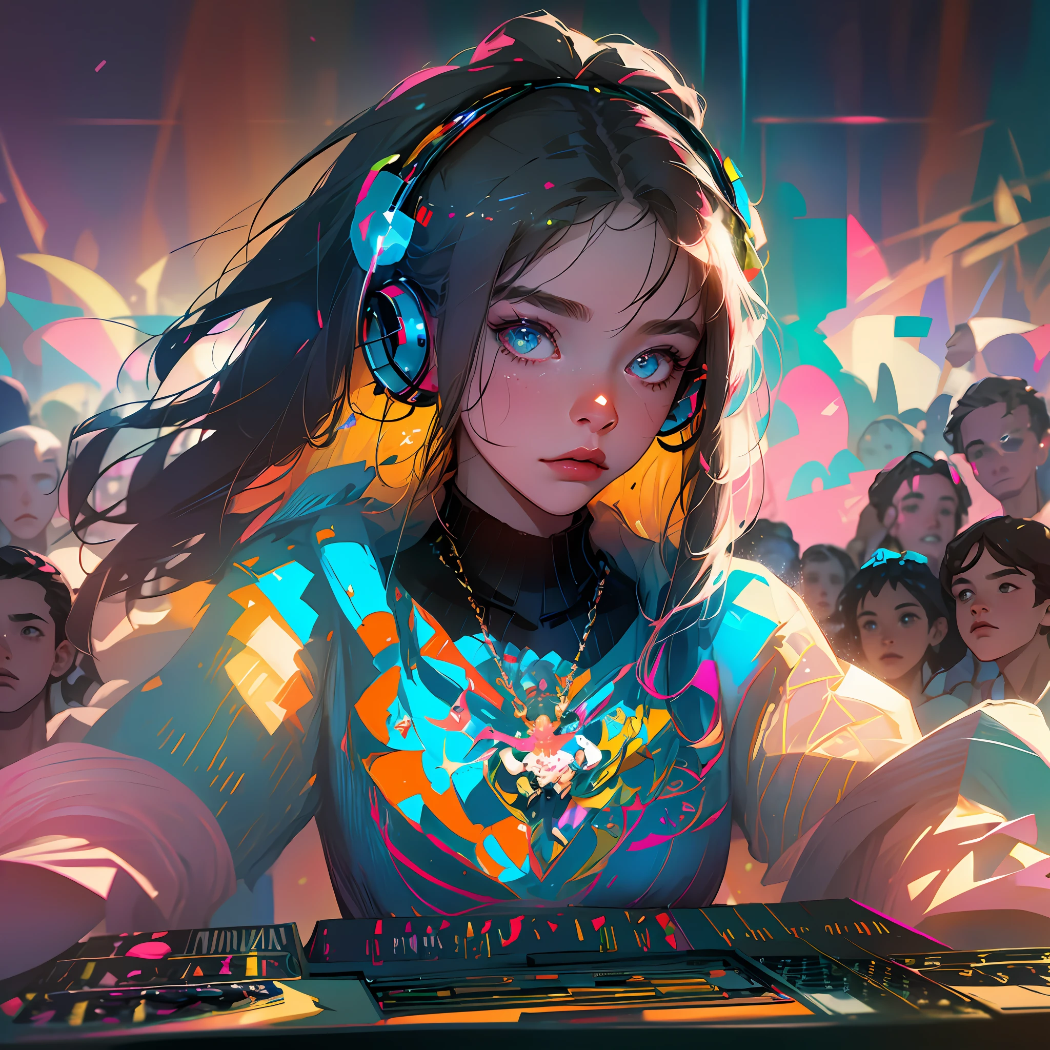 The girl is standing on a DJ platform with mixing equipment in front of her.
She is wearing headphones and looking at the crowd.
The crowd is dancing and enjoying the music around them.
There are colorful, pulsating lights illuminating the dance floor and the audience.
The image has 4K resolution, which means that the quality is extremely high and detailed. --auto --s2