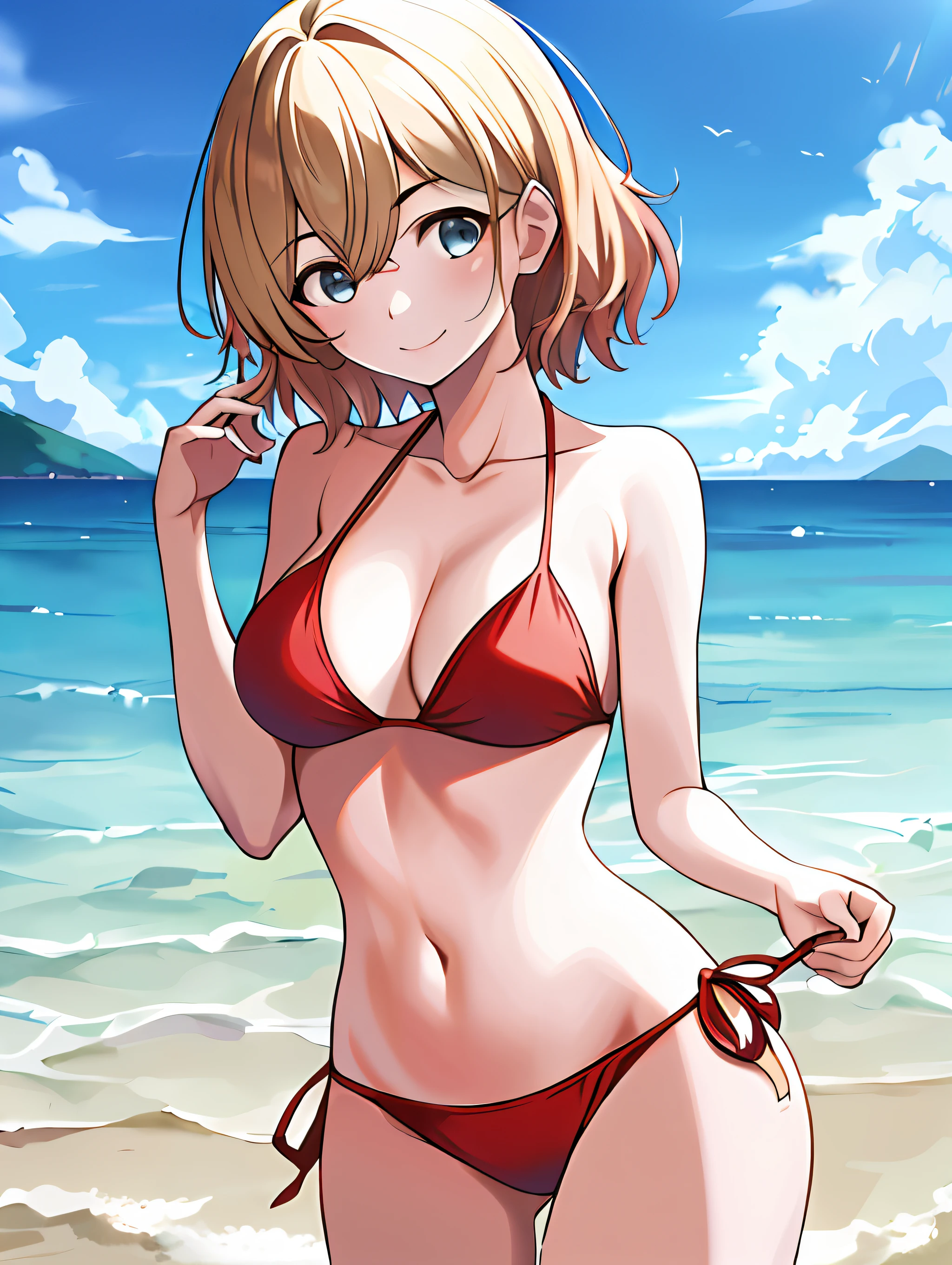 (masterpiece, best quality, 8k, highres:1.2), 1girl, bikini, beach, shy smile, troubled eyebrows, from below,