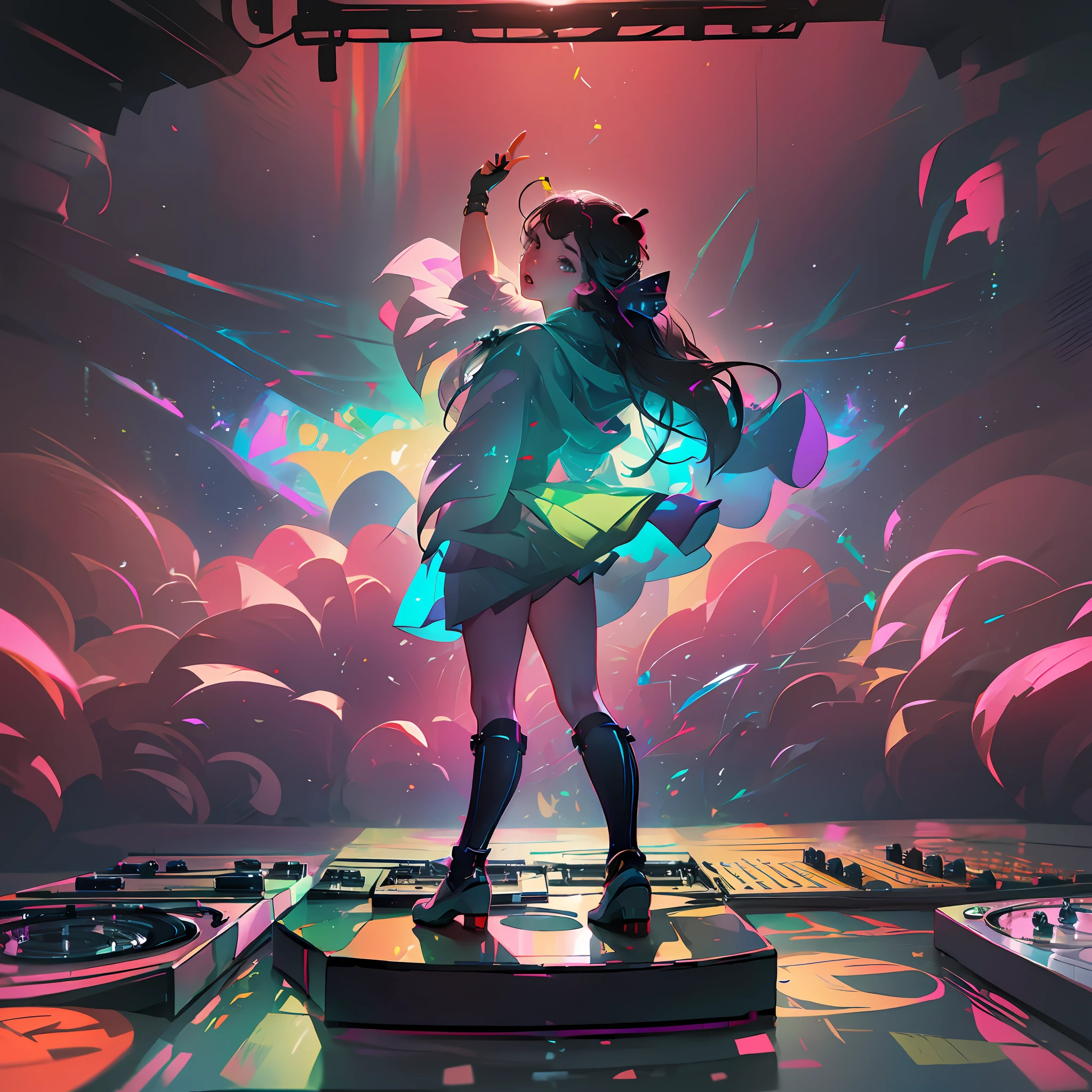 The girl is standing on a DJ platform with mixing equipment in front of her.
She is wearing headphones and looking at the crowd.
The crowd is dancing and enjoying the music around them.
There are colorful, pulsating lights illuminating the dance floor and the audience.
The image has 4K resolution, which means that the quality is extremely high and detailed. --auto --s2