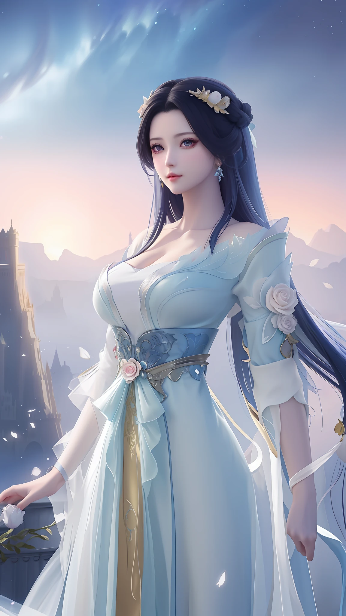 a close up of a woman in a dress with a castle in the background, a beautiful fantasy empress, beautiful character painting, ((a beautiful fantasy empress)), beautiful fantasy maiden, beautiful fantasy art, fantasy art style, beautiful alluring anime woman, fantasy woman, beautiful maiden, style of artgerm, beautiful anime woman, digital fantasy art )