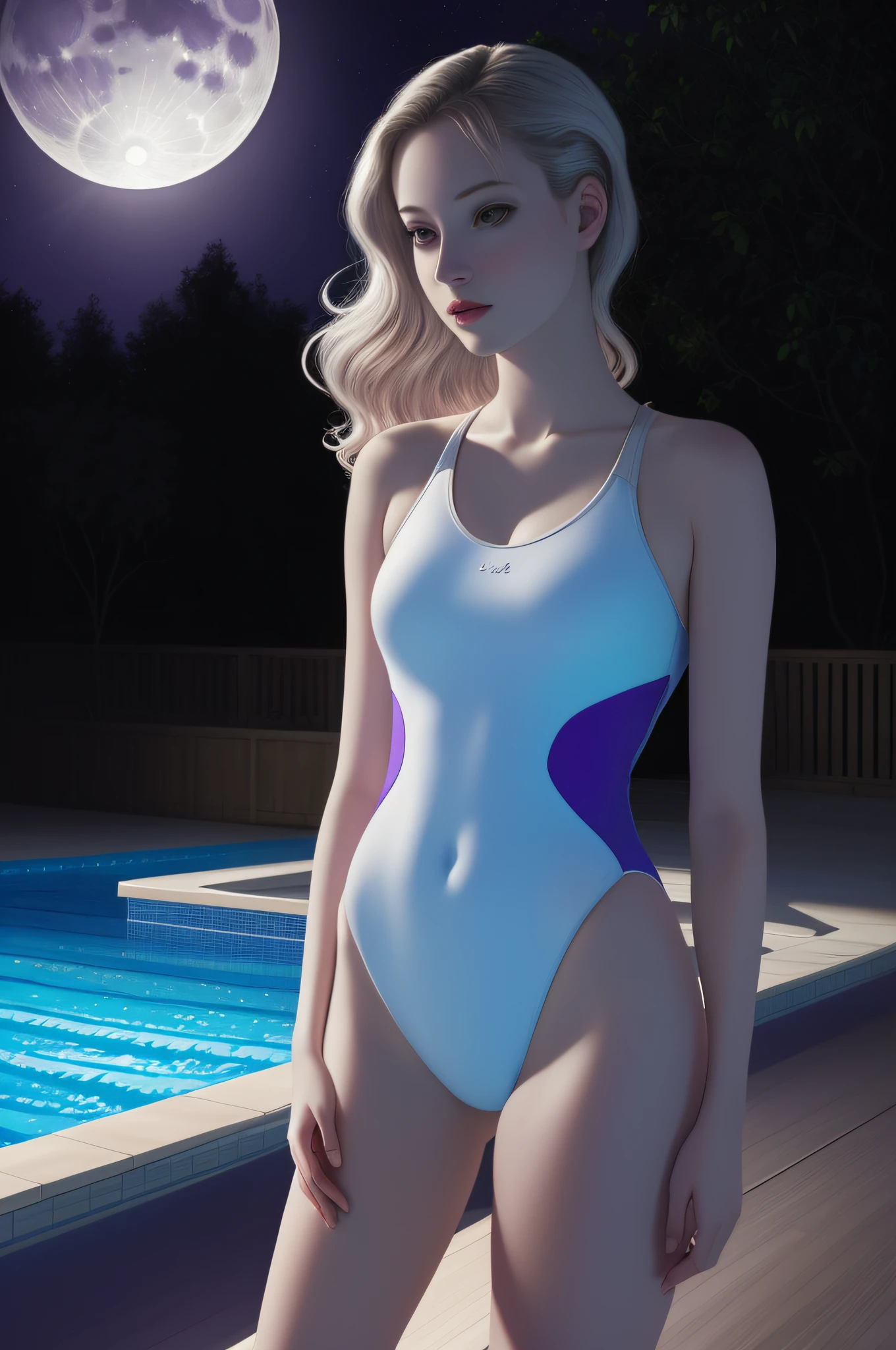 Hyper realistic, a digital painting of a real young woman, pale skin, (355nm ultraviolet wavelength ambient light), moonlight, outside, one-piece swimsuit, poolside, [cameltoe], covered,