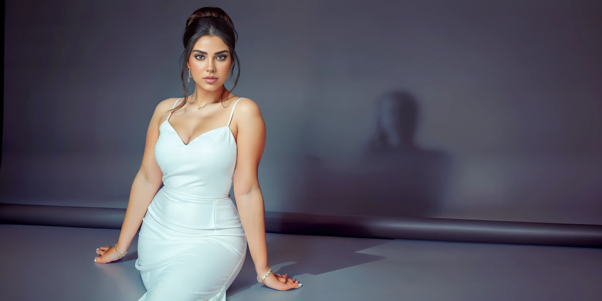 masterpiece, photorealistic, a portrait of a beautiful gorgeous (((1girl))), curvy, black ponytail hair, white open blouse, no background, blank background, photo studio backdrop, cinematic look, RAW