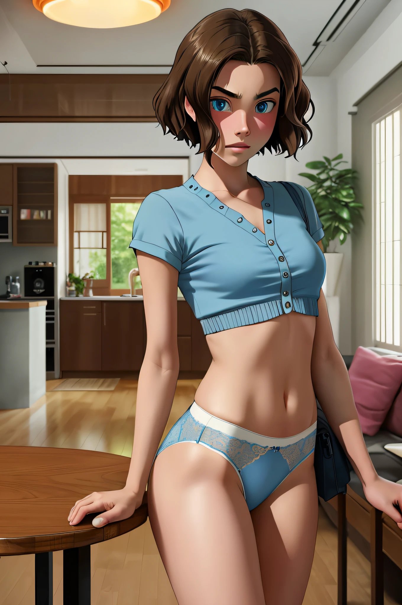(DreamLikeArt style: 0.5), (Redshift style: 1.1), (1.1 style), (studio_ghibli_anime_style style: 0.9), (Copeseethemald style: 0.8), bright,

[Margot Robbie| T a Leoni], woman, 1girls, solo, detailed face, symmetrical, beautiful, diving neckline, small breasts, lips,
(blue eyes:1.1),(realistic pupils),

blond, blurry hair, by Ivan Albright, by Ivan Bilibin,
buttoned white shirt, uniform, maiden uniform, short tie, mini skirt, sailor's outfit, panties down, underwear on the knees, lingerie pulled down,
from_below,
centered, looking to the side, standing, centered, skin pores, subsurface spreading, detailed skin, midriff,

modern house, furniture, table, kitchen, detailed background, items,
realistic proportions, blushing,

masterpiece, best quality, realistic, hyper-realistic, sharp focus, absurd, good anatomy,