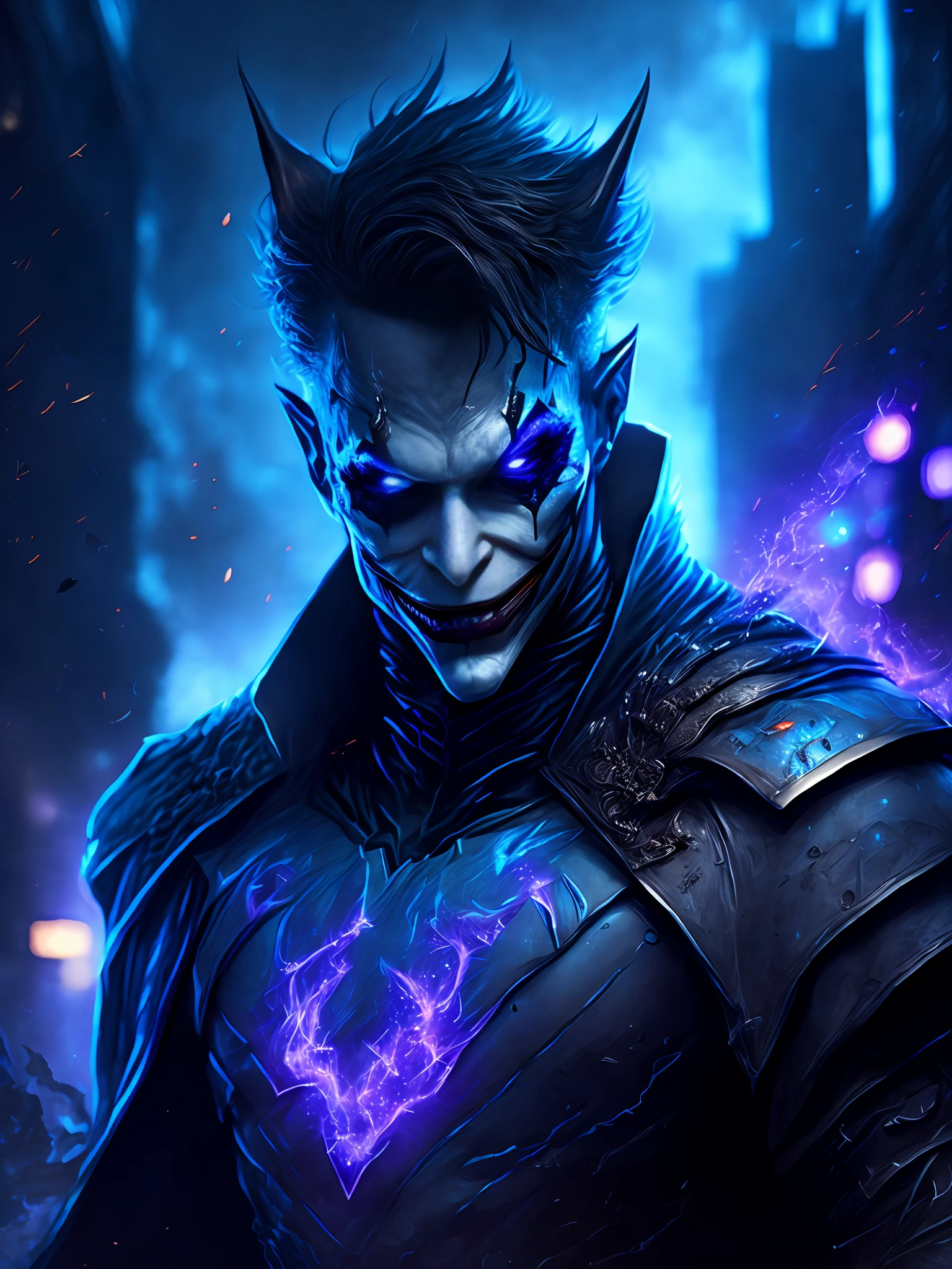 gloomy portrait of Black Lantern Joker from DC, extremely detailed, futuristic cityscape, nighttime, glowing neon lights, smoke, sparks, metal shavings, flying debris, blue energy effects, volumetric light