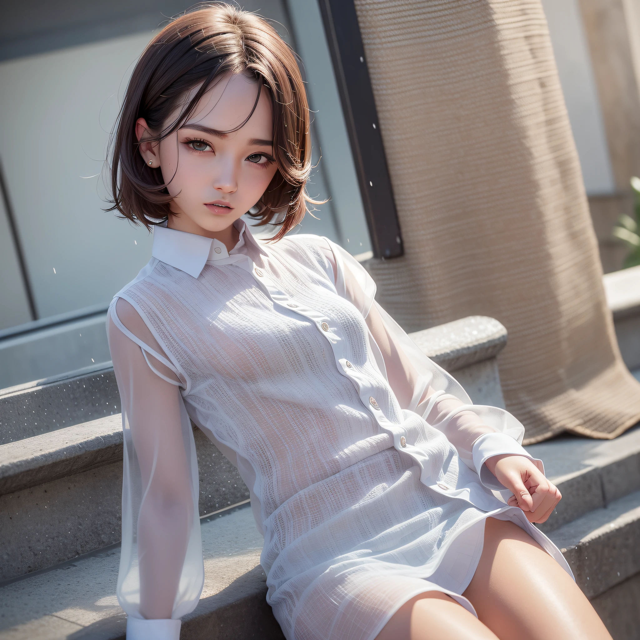 ((Top Quality, 8K, Masterpiece: 1.3)), Sharp: 1.2, Perfect Body Beauty: 1.4, Slim Abs: 1.2, ((Layered Hairstyle, Small: 1.2)), (Wet White Button Long Shirt: 1.1), Buttons Not Staying, Skirt, Soft Transparent Cloth, (Rain, Street: 1.2), Wet: 1.5, Highly Detailed Face and Skin Texture, Detailed eyes, double eyelids, side to look at the camera