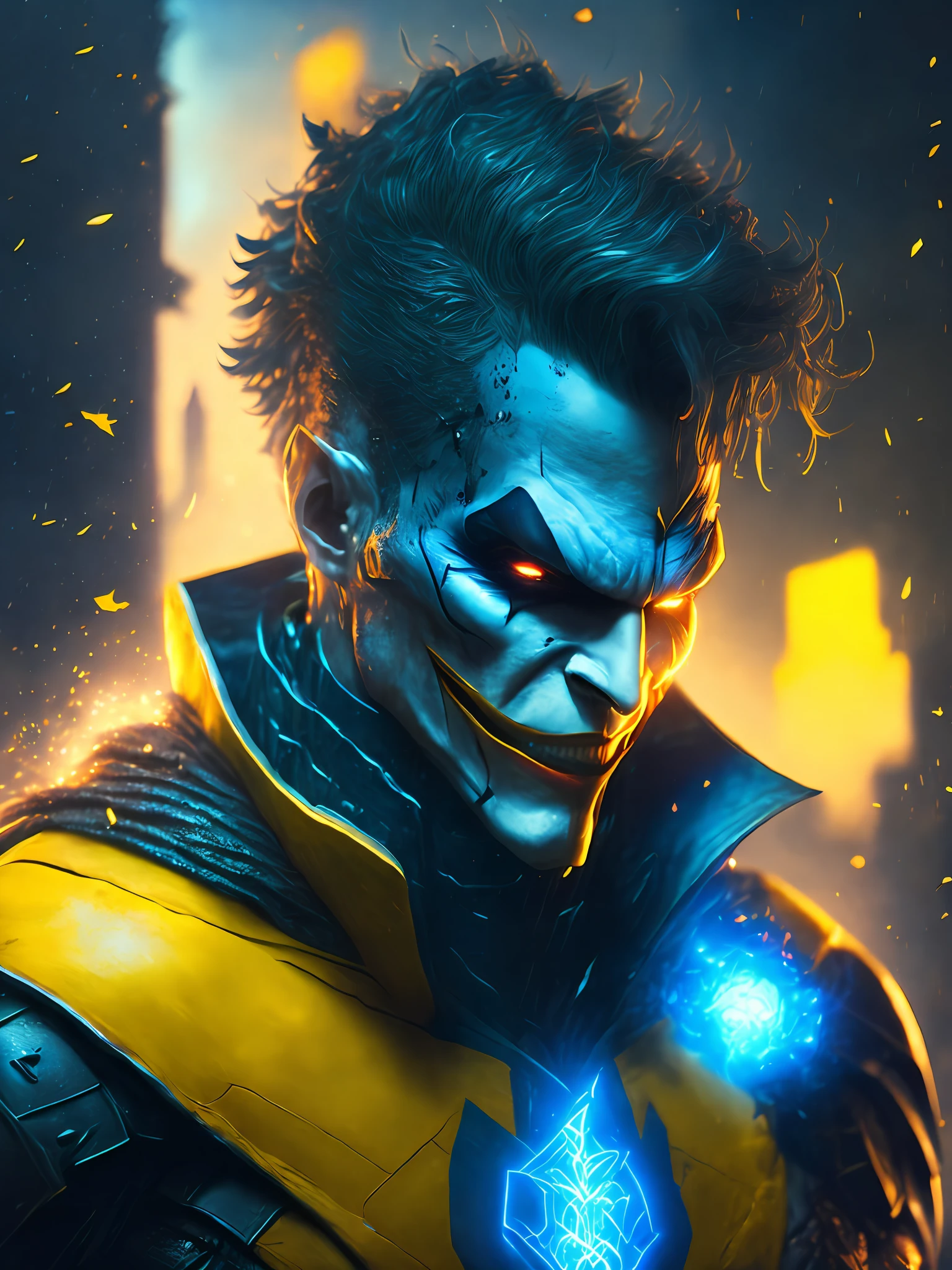 gloomy portrait of Yellow Lantern Joker from DC, extremely detailed, futuristic cityscape, nighttime, glowing neon lights, smoke, sparks, metal shavings, flying debris, blue energy effects, volumetric light