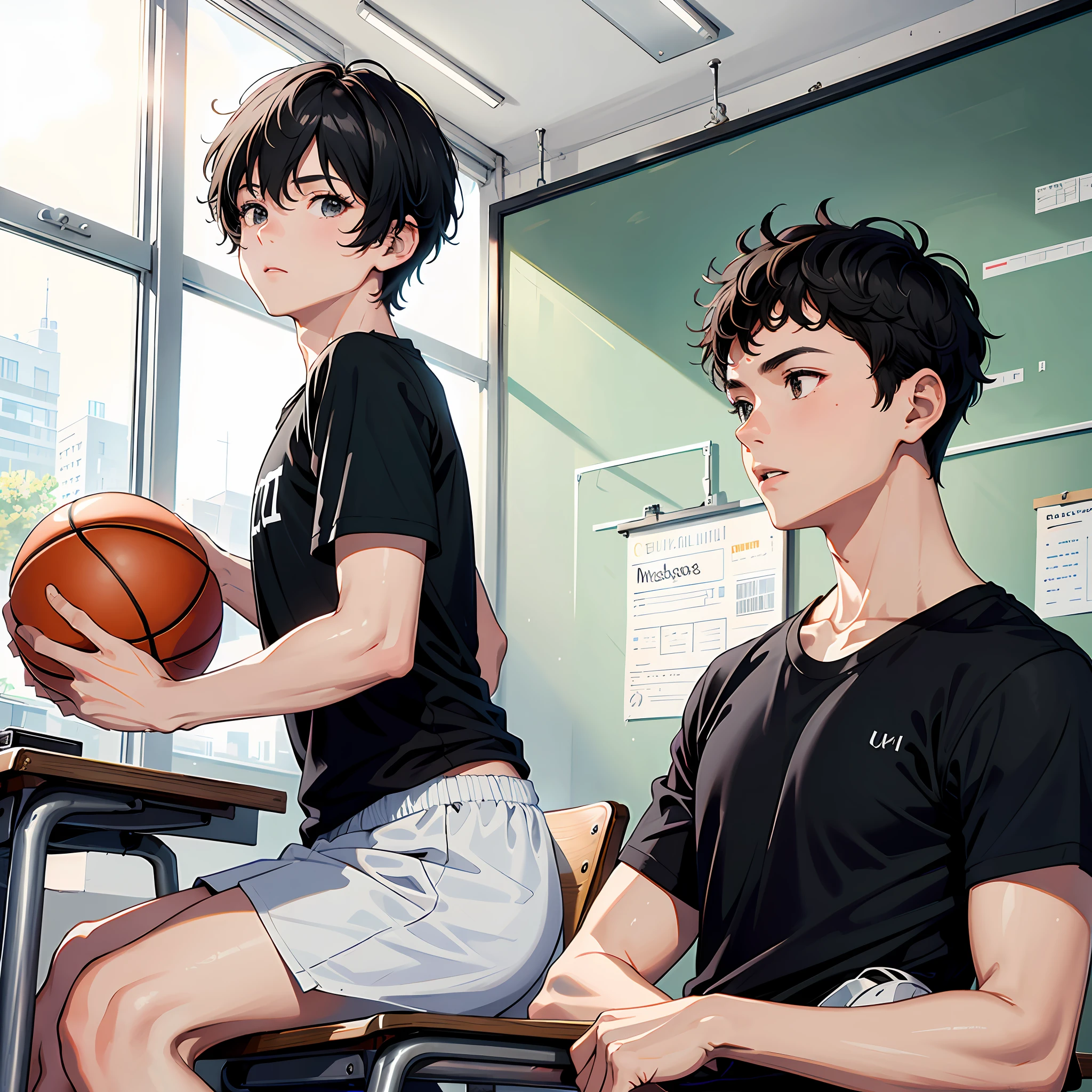 Ultra high resolution, 16k, ((masterpiece)), ((best quality))), ((ultra-detailed)), upper body view, a boy, short hair, black T-shirt, holding a basketball, in the classroom