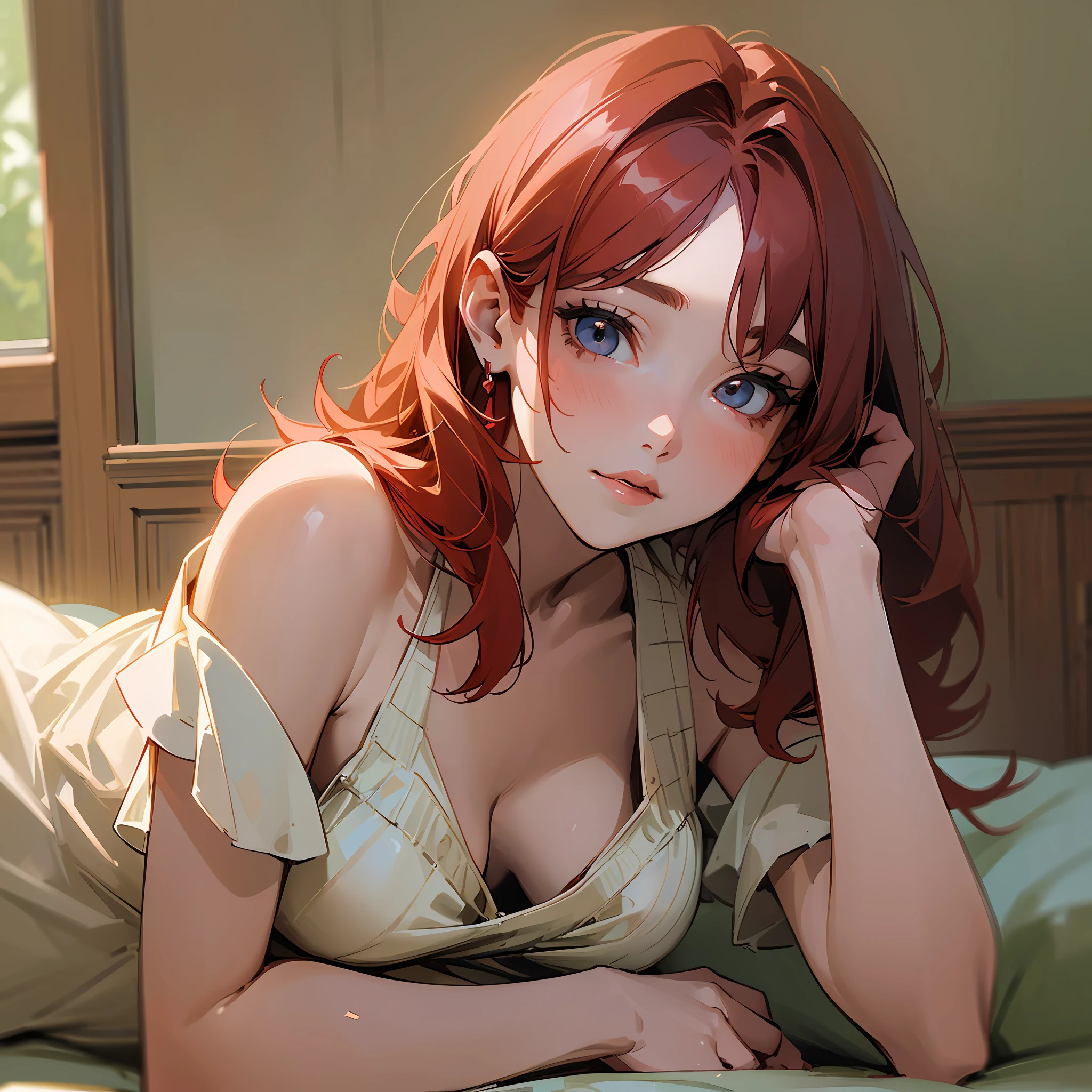 ((Masterpiece)),(((best quality))), realistic, 1 girl, 20 years old, forest, short clothes, adult female body, very feminine body, lying down, red hair. --auto --s2