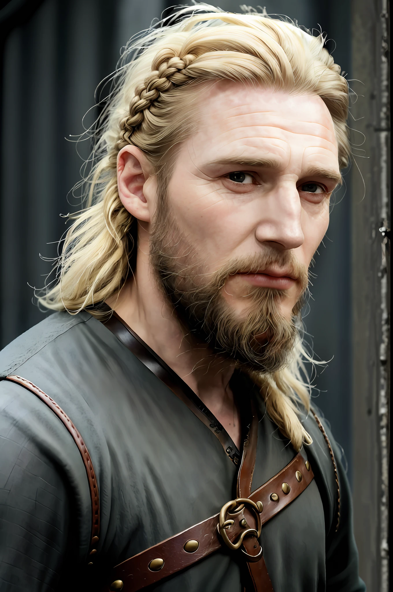 arafed man with a beard and a leather belt, blond beard, long braided viking beard, portrait of a viking, viking beard, long white hair and beard, huge blond moustache, braided beard, neat white beard and hair, small blond goatee, viking style, norwegian man, viking face in profile, ponytail and beard, long goatee beard, bearded