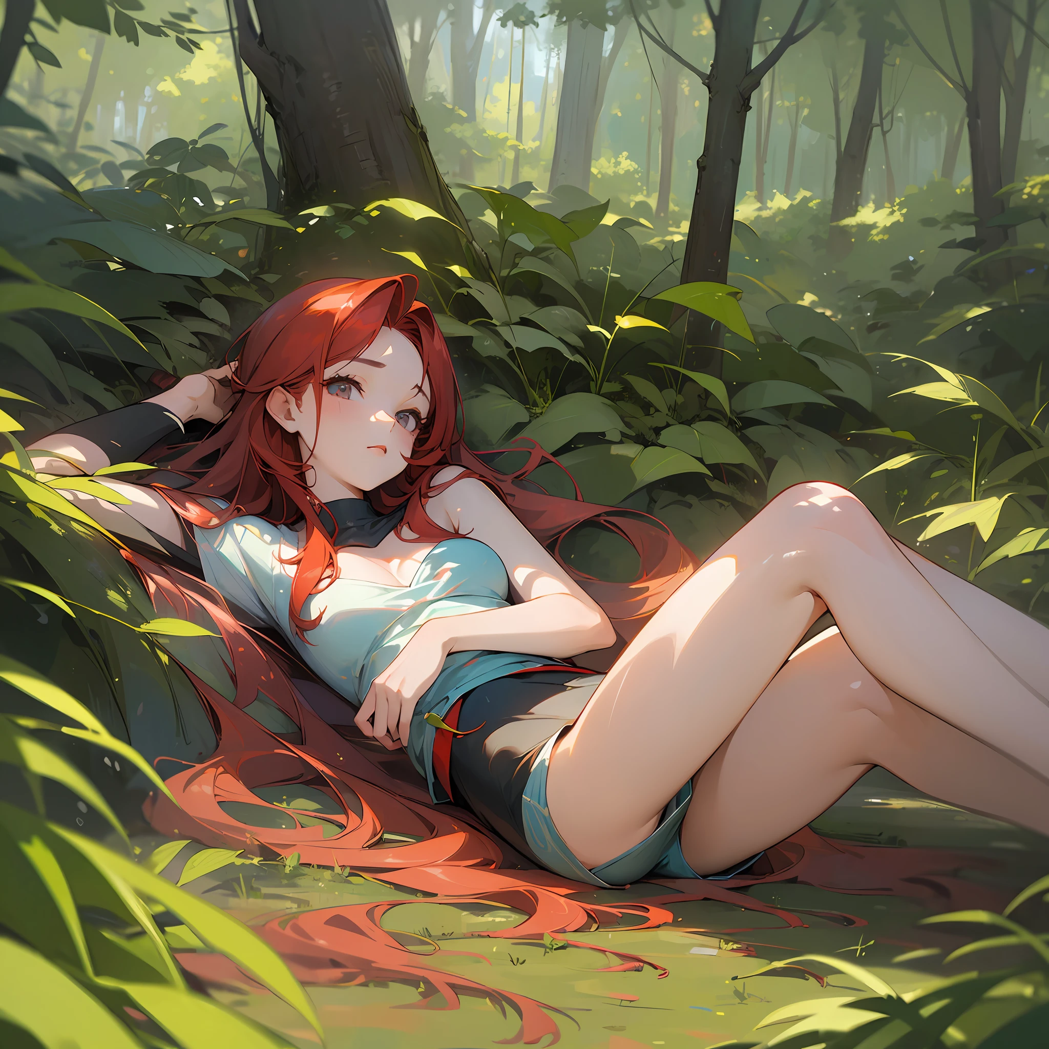 ((Masterpiece)),(((best quality))), realistic, 1 girl, 20 years old, forest, short clothes, adult female body, very feminine body, lying down, red hair. --auto --s2
