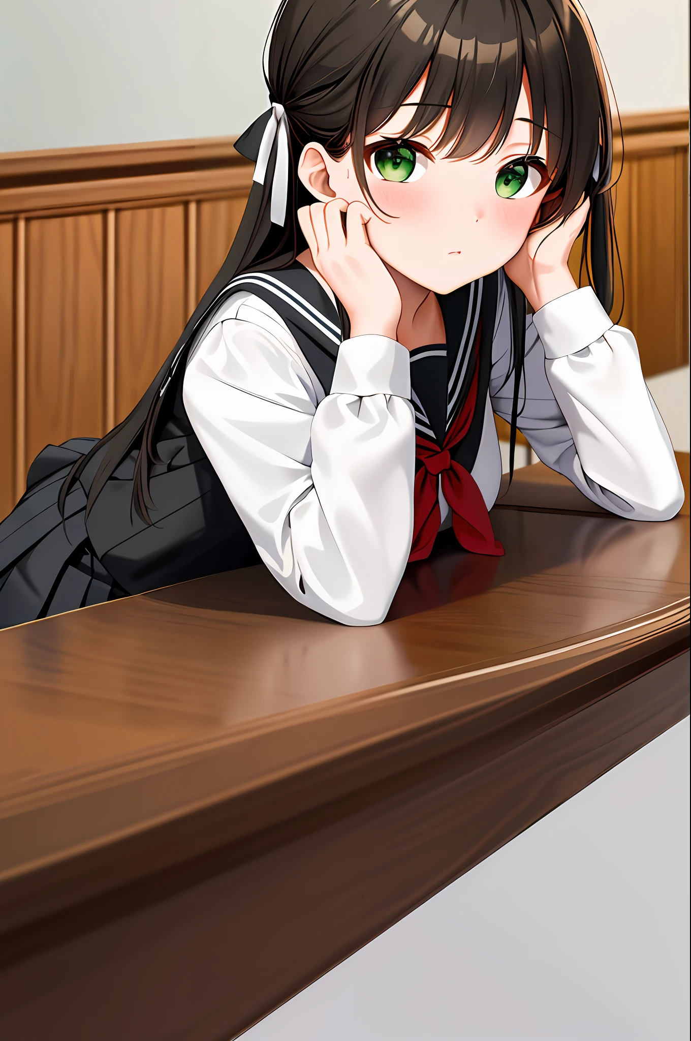 masterpiece, best quality, highres, poi1, green eyes, school uniform, hair ribbon, serafuku, black ribbon, pleated skirt, straight hair, black skirt, red neckline, black socks, white sailor's collar, hands on own cheeks, o3o, table, elbow on table, hands on own face, low light