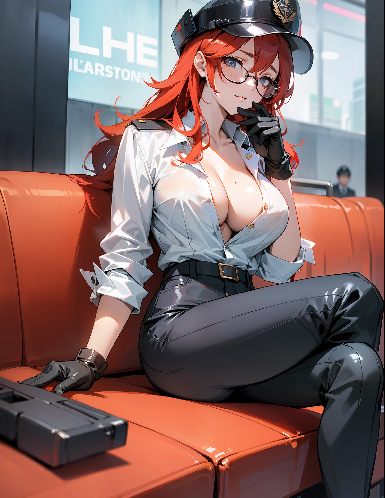 Police woman, close-up photo, tall, sexy, red head, long hair, police helmet, glasses, airport lobby, people background, unbuttoned shirt, unbuttoned shirt, large breasts (close UP), the show, no bra, no bra, cute, gorgeous, sexy, tight, Gloves, short boots, tight pants