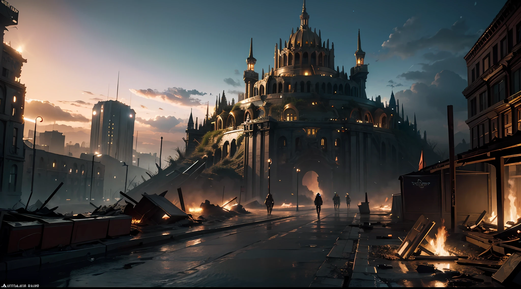 (Best quality),(masterpiece),(ultra detailed),(4k resolution),(extremely detailed) digital art painting of an apocalyptic city, digital art, beautiful illustration, trending on artstation, behance HD, unreal engine