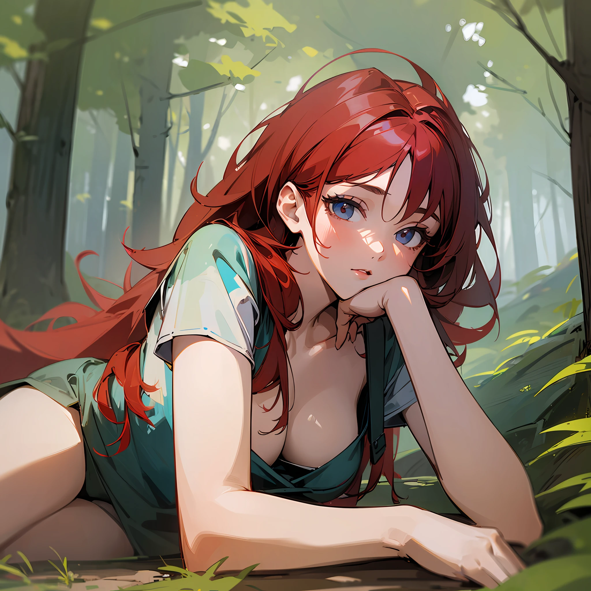 ((Masterpiece)),(((best quality))), realistic, 1 girl, 20 years old, forest, short clothes, adult female body, very feminine body, lying down, red hair. --auto --s2