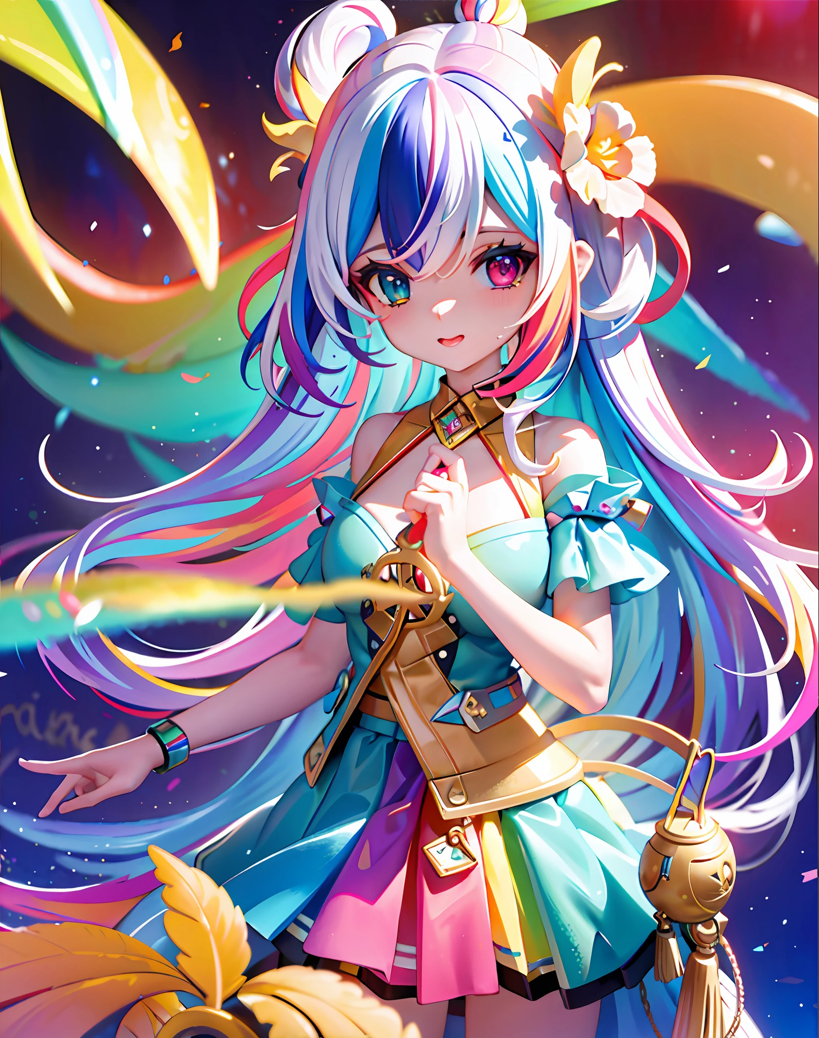 {{masterpiece}}, best quality, cinematic lighting, lens flare, medium breasts, beautiful detail eyes,  multicolor hair, colorful light particles, heterochromia, (colorful:1.5), (colorful hair:1.5),