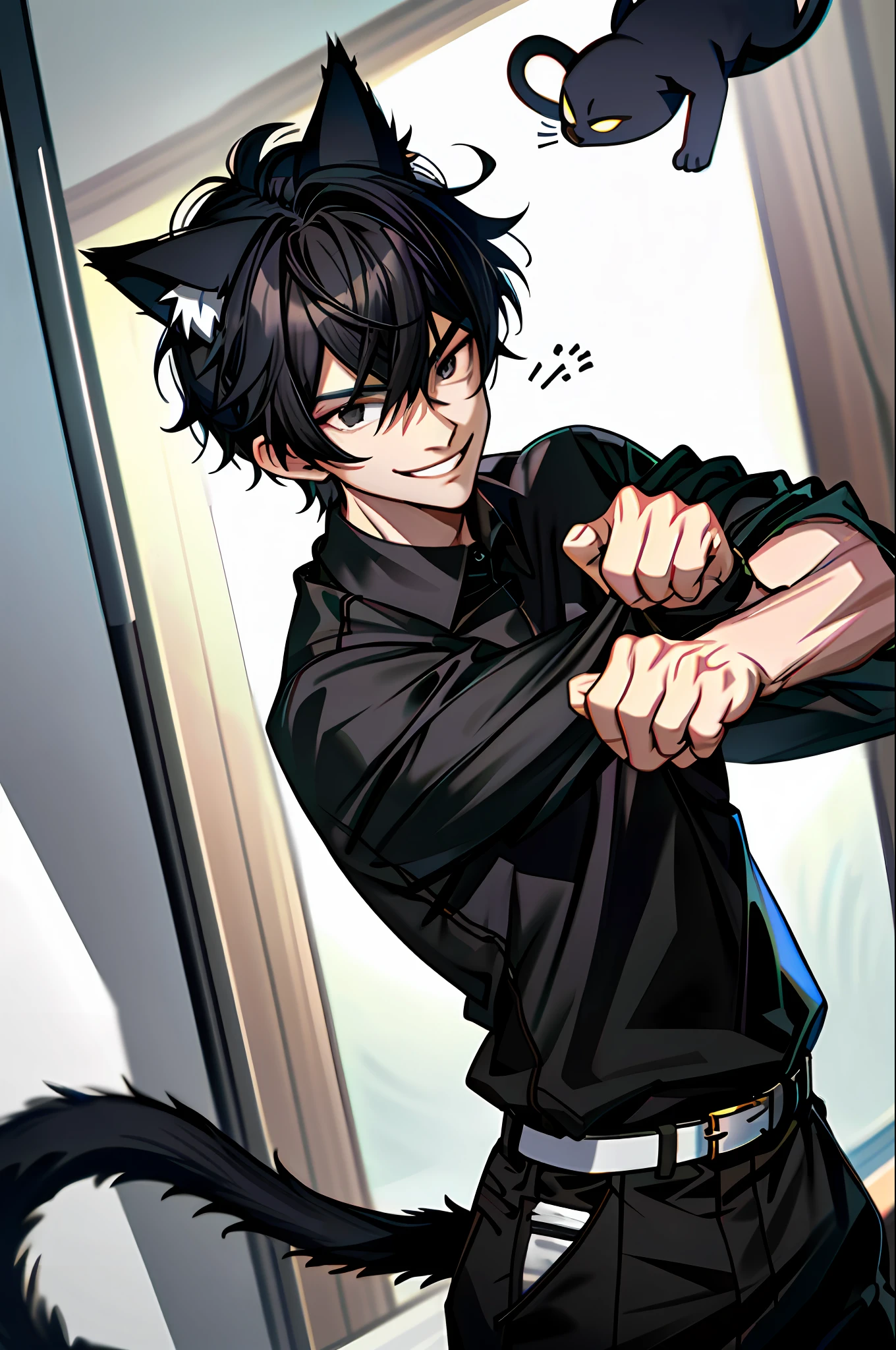 (masterpiece, best quality), 1 boy, cat ears, cat tail, athletic body, black eyes, messy black hair, evil smile, black shirt