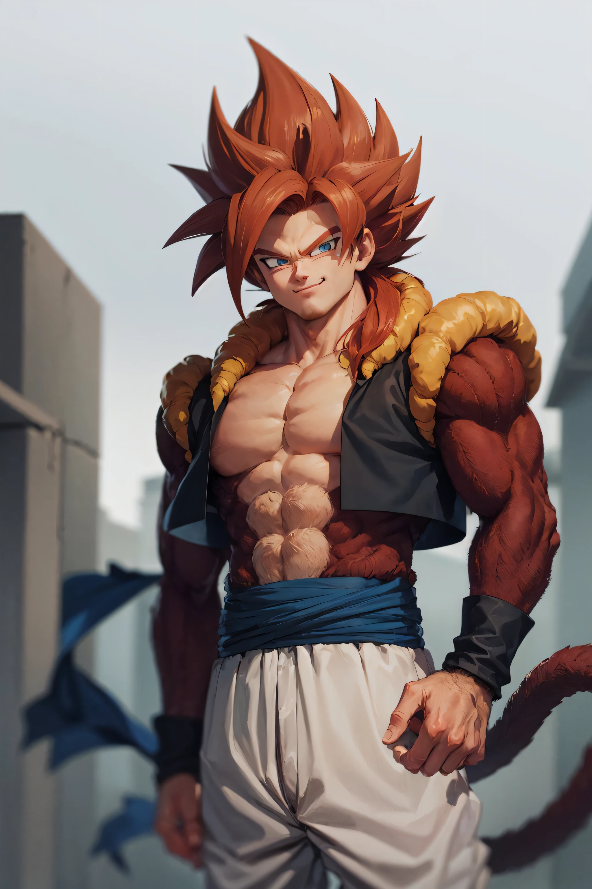 (masterpiece, best quality:1.2), cowboy shot, solo, male focus, 1boy, gogeta, muscular male, (body_fur, red_fur:1.2), smirk, looking at viewer, red hair, blue eyes, vest, blue sash, white pants, wristband, tail, pectorals