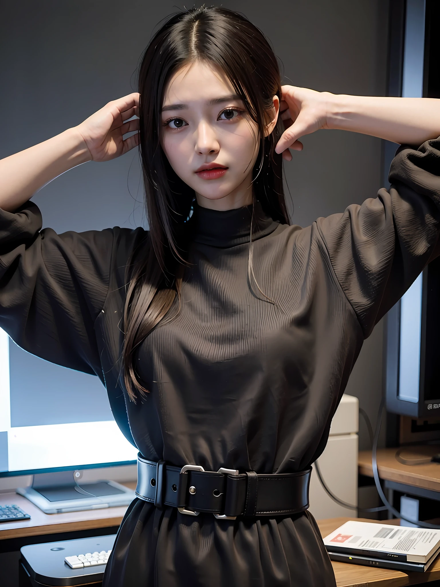 Beautiful girl in the cyberpunk scene、hair long、korean idol