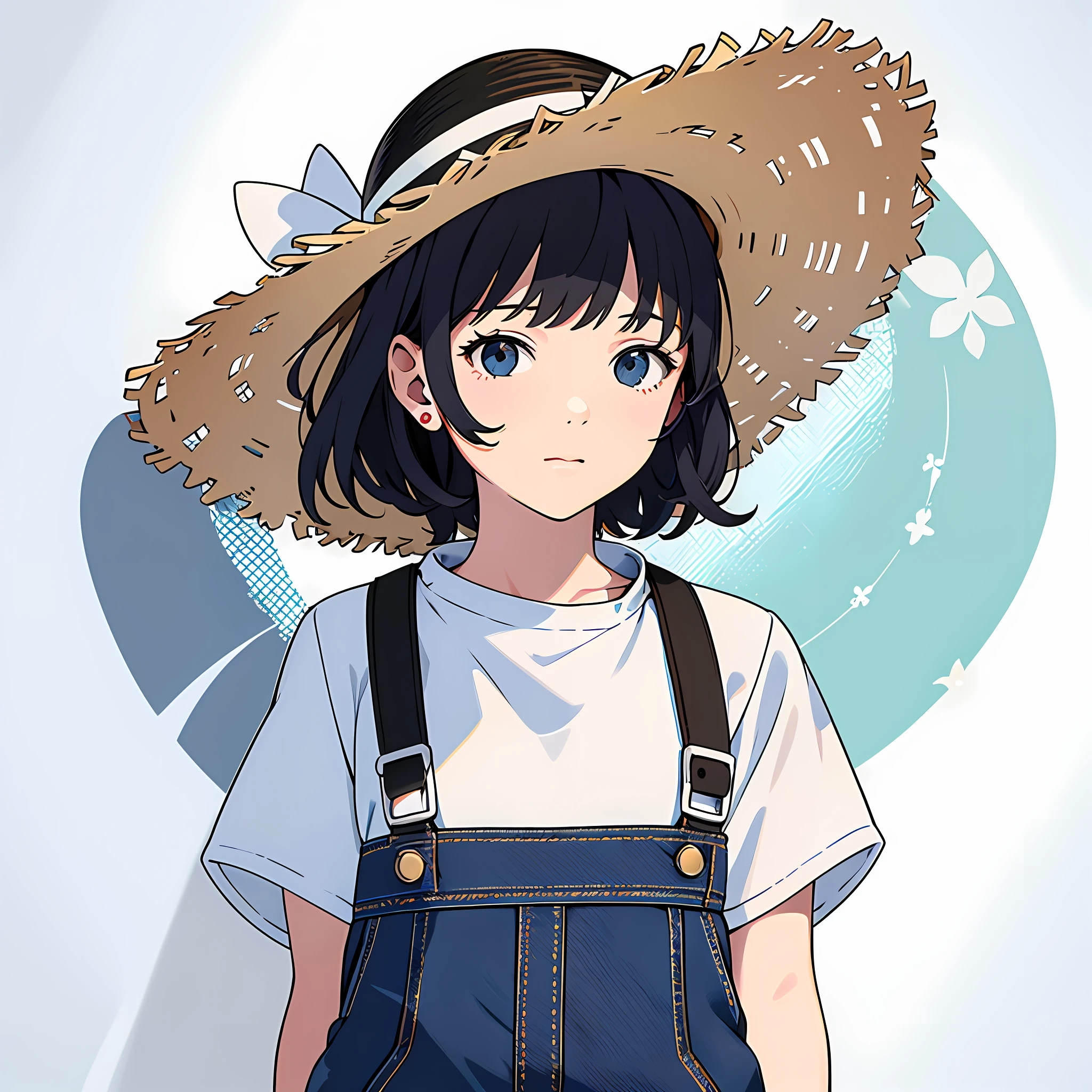 (Person Sticker:1.2), Simple design, white plain background,Full body of one girl in jeans in plain white shirt,Short cut with black hair,upright,straw hat