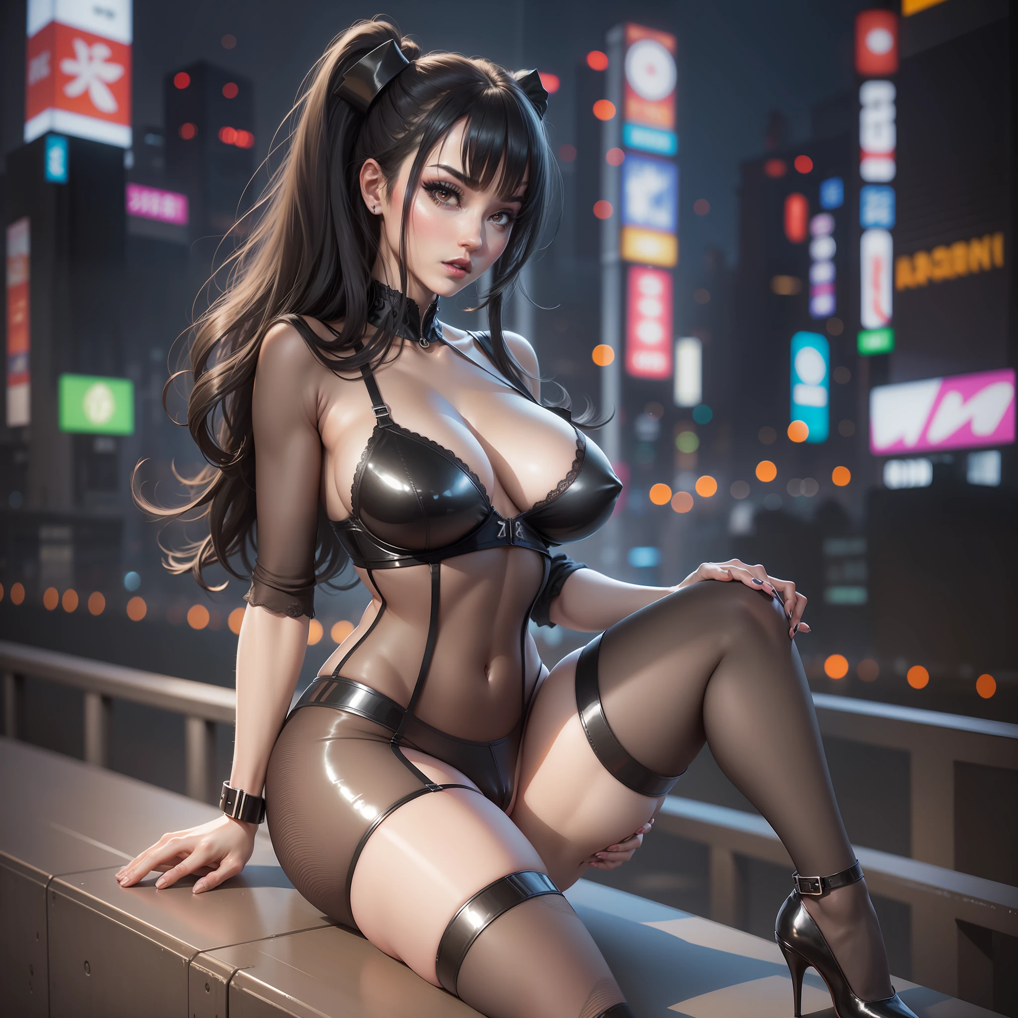 (8k, RAW photos, highest quality, masterpiece: 1.7). (Realistic, Photorealistic: 1.9). 1 girl. Japanese. Woman. Tokyo's cityscape. Night. Professional lighting. Photon mapping. Radio City. Big tits. See-through shirt. The tips of the are sticking out. Areola protruding. The shape of the pubic area is clearly visible. Gal. Lots of lashes. Pure black eyeshadow. Pitch black lip. Pitch black heels. Pubic hair. The lower abdomen bristles. Slender. The crotch is open. My are big and are about to spill out of my bra. Very much pubic hair. Pubic hair protrudes very much.
