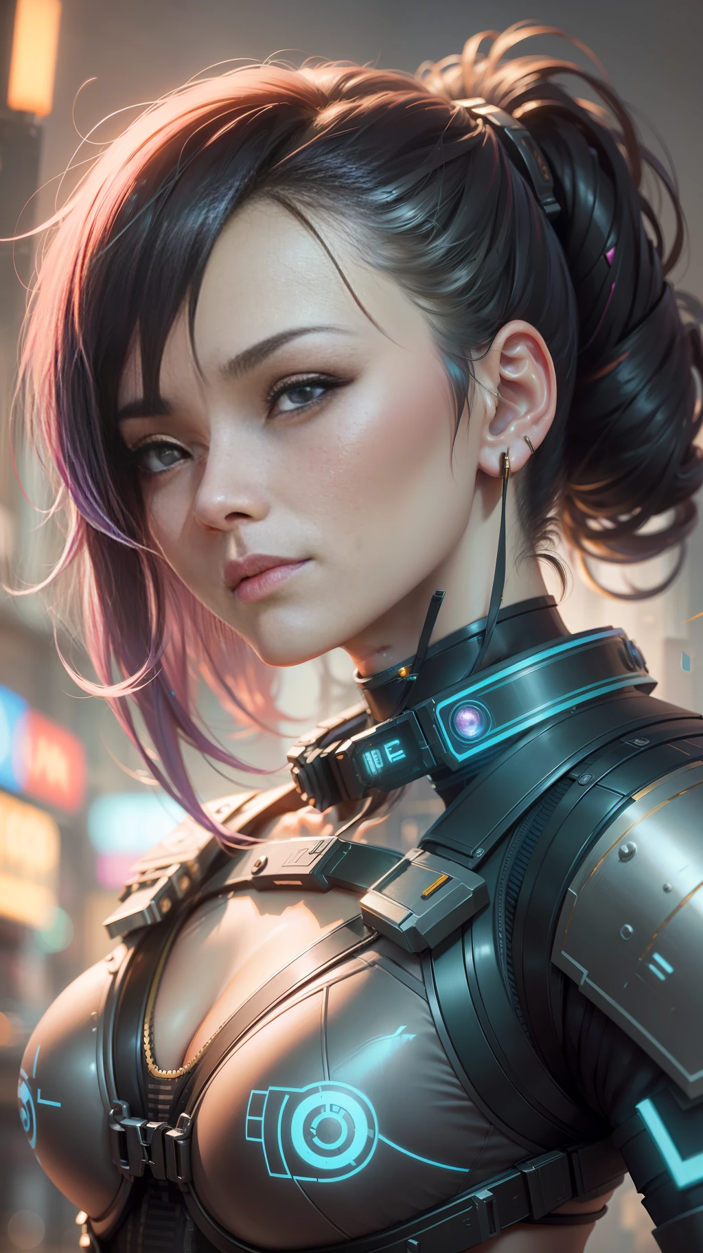 Beautiful hyperrealistic photograph of cute smiling asian cyberpunk female, (((wearing cyber-armor, combat harness))) shapeless cyberpunk hairstyle, (dynamic pose), cyberpunk city street background, abstract beauty, near perfection, pure form, Golden Ratio proportions, concept art, By Brian Froud and Carne Griffiths and Wadim Kashin, intricate detail, 8k post-production, High resolution, super Detail, trending on ArtStation, sharp focus, studio photos, intricate detail, Very detailed, By Greg Rutkowski