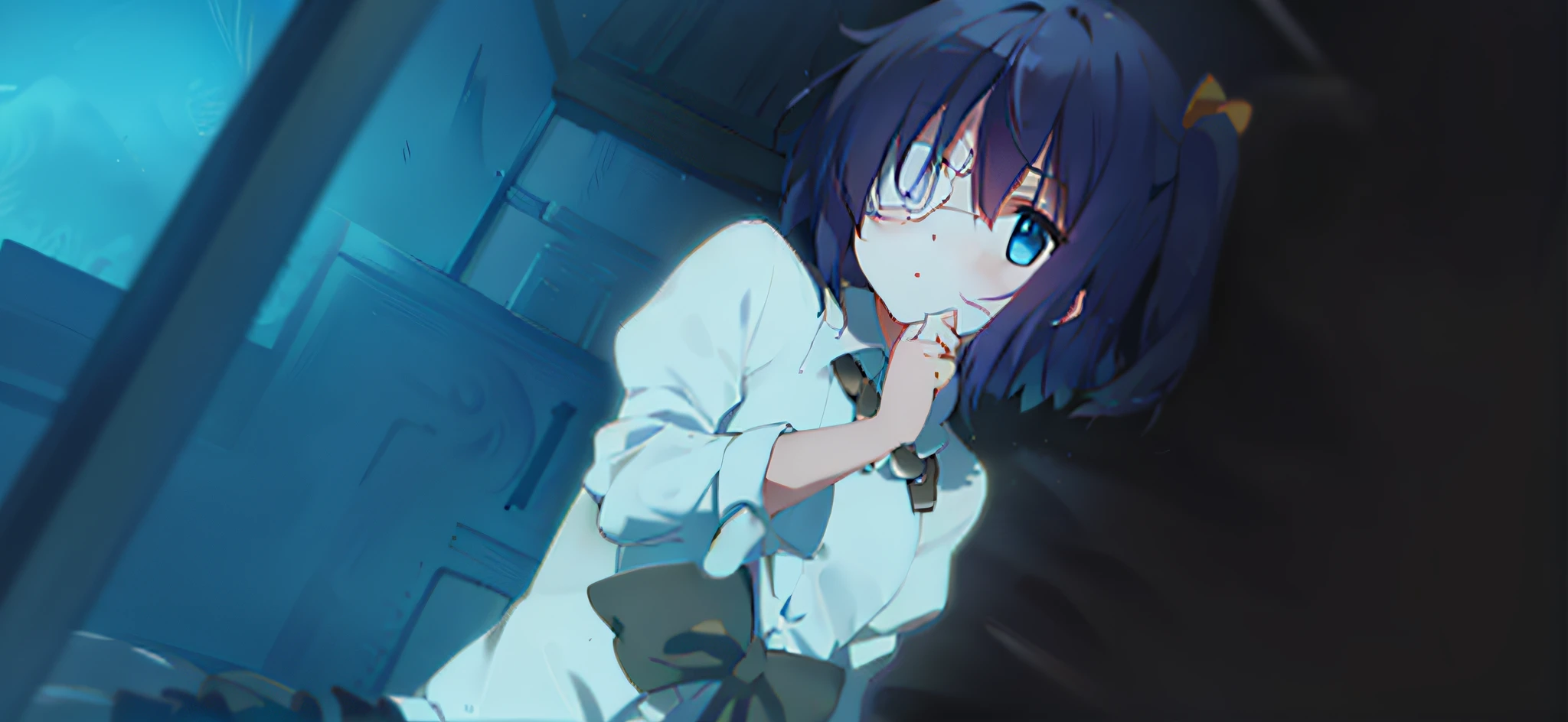 high res, masterpiece,Rikka Takanashi, black hair, solo, 1girl,outside,deatailed background, detailed eyes, ((blue eyes)), eyepatch
