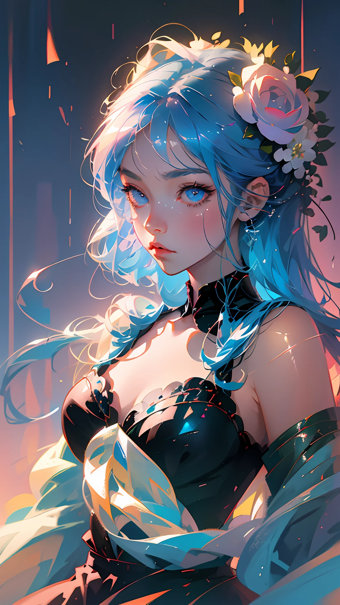 anime girl with blue hair and blue eyes and a flower in her hair, anime art wallpaper 8 k, detailed digital anime art, anime style 4 k, anime art wallpaper 4k, anime art wallpaper 4 k, trending on artstation pixiv, digital art on pixiv, 8k high quality detailed art, best anime 4k konachan wallpaper