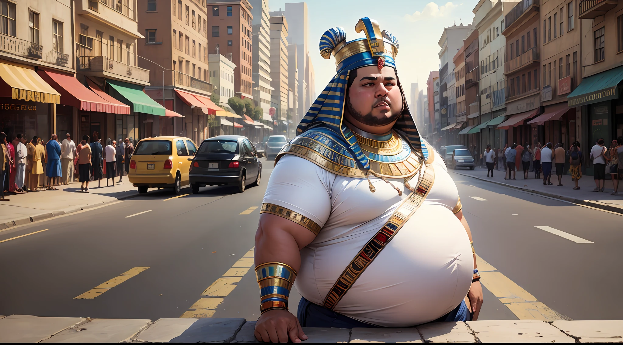 fat Egyptian pharoah, street scene --auto --s2