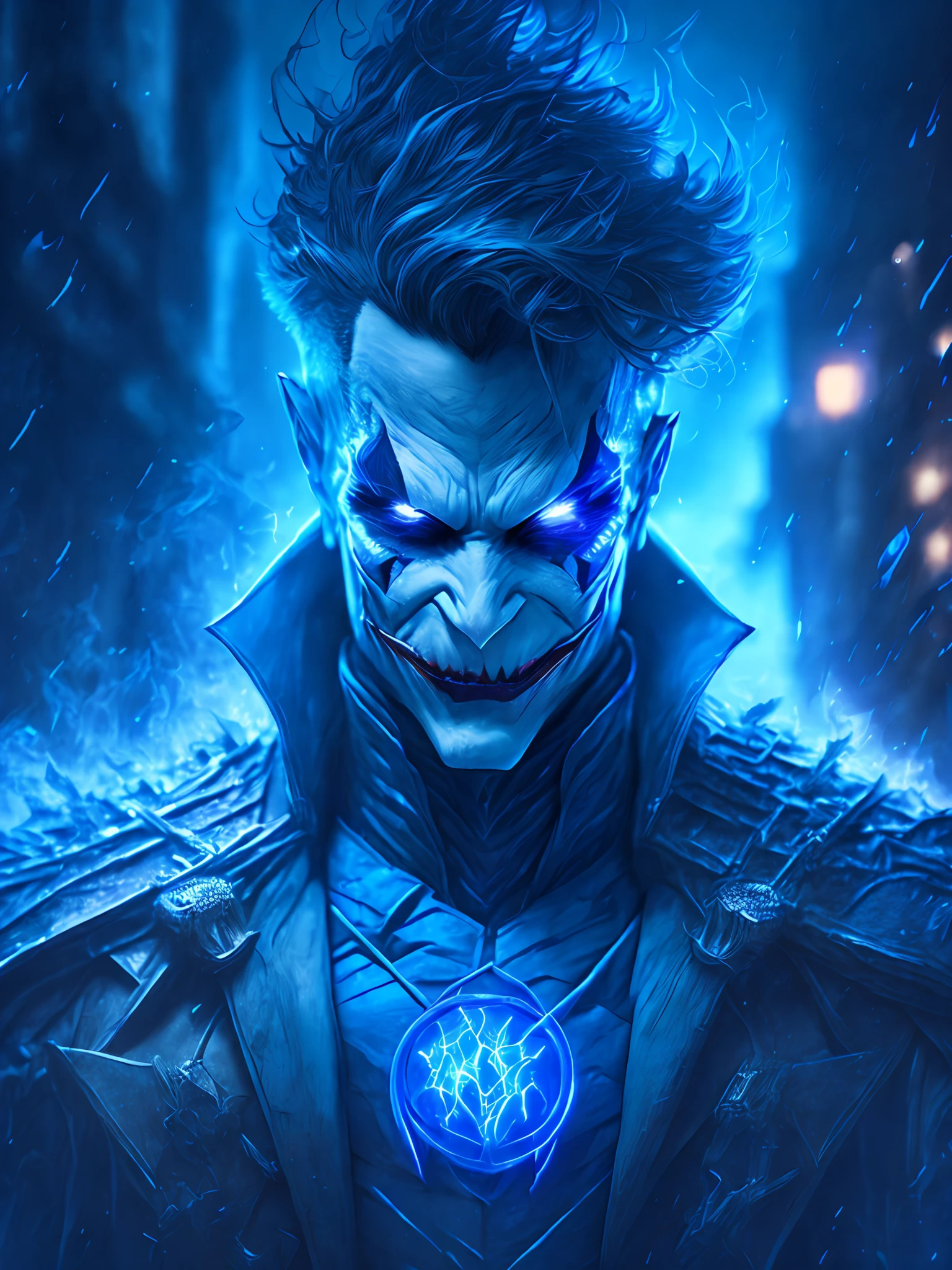 gloomy portrait of Blue Lantern Joker from DC, extremely detailed, futuristic cityscape, nighttime, glowing neon lights, smoke, sparks, metal shavings, flying debris, blue energy effects, volumetric light