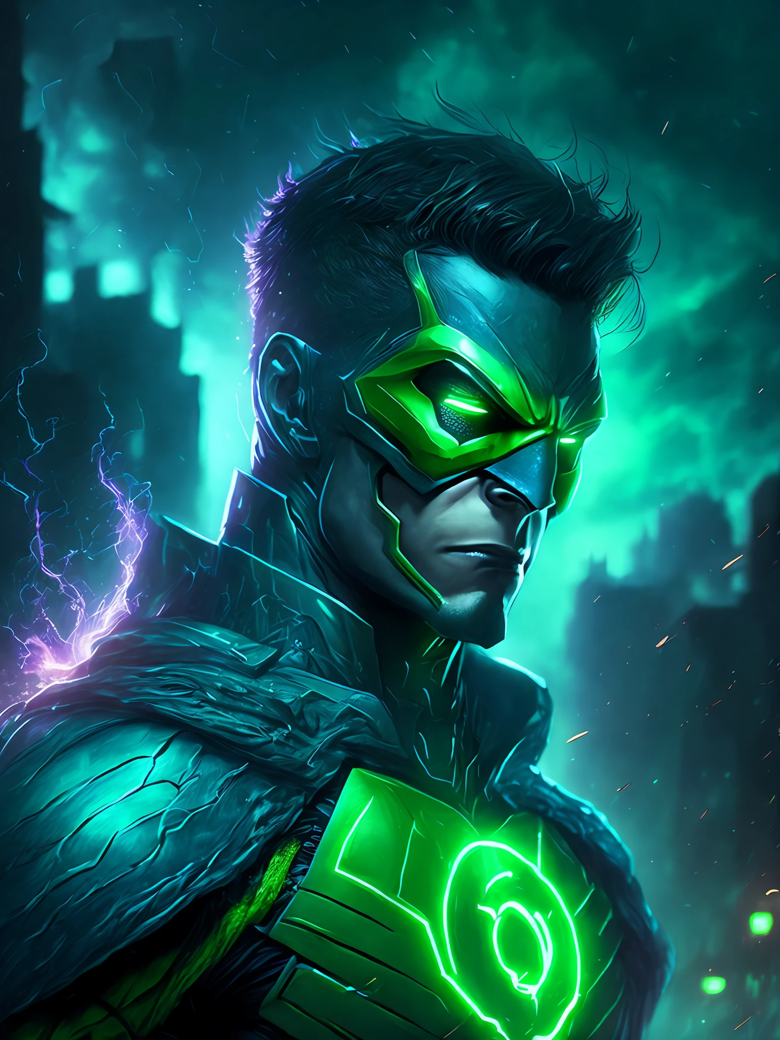 gloomy portrait of Daemon Green Lantern from DC, extremely detailed, futuristic cityscape, nighttime, glowing neon lights, smoke, sparks, metal shavings, flying debris, blue energy effects, volumetric light