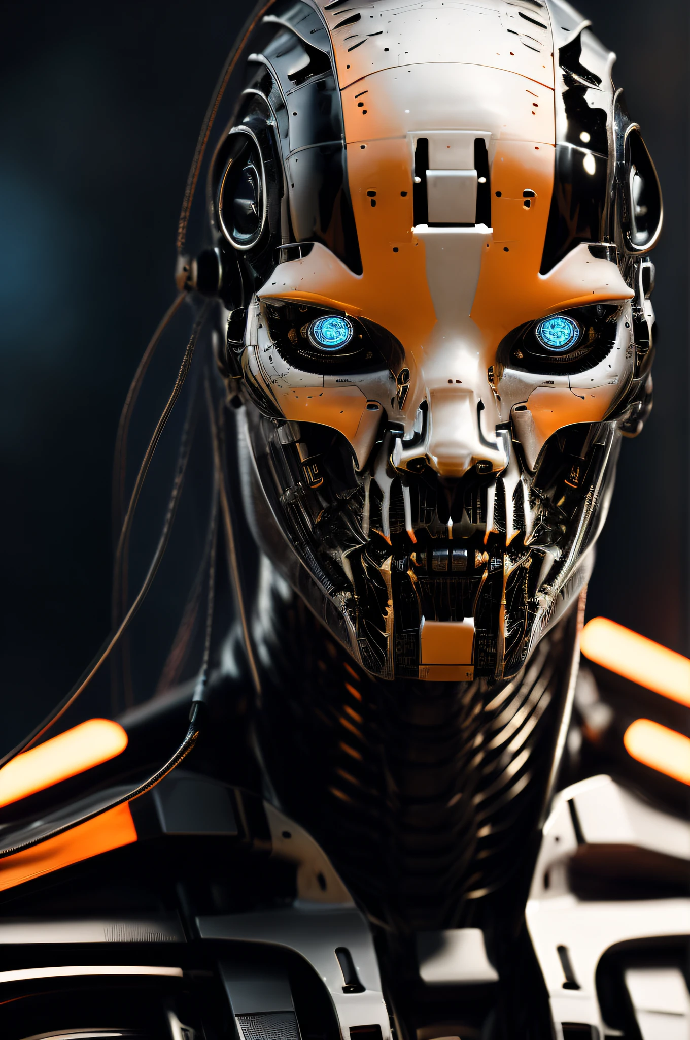 a closeup of a cyborg , deep focus, intricate details, matt black and orange colors, day, midday, photograph, highly detailed, 16k, blue bright eyes