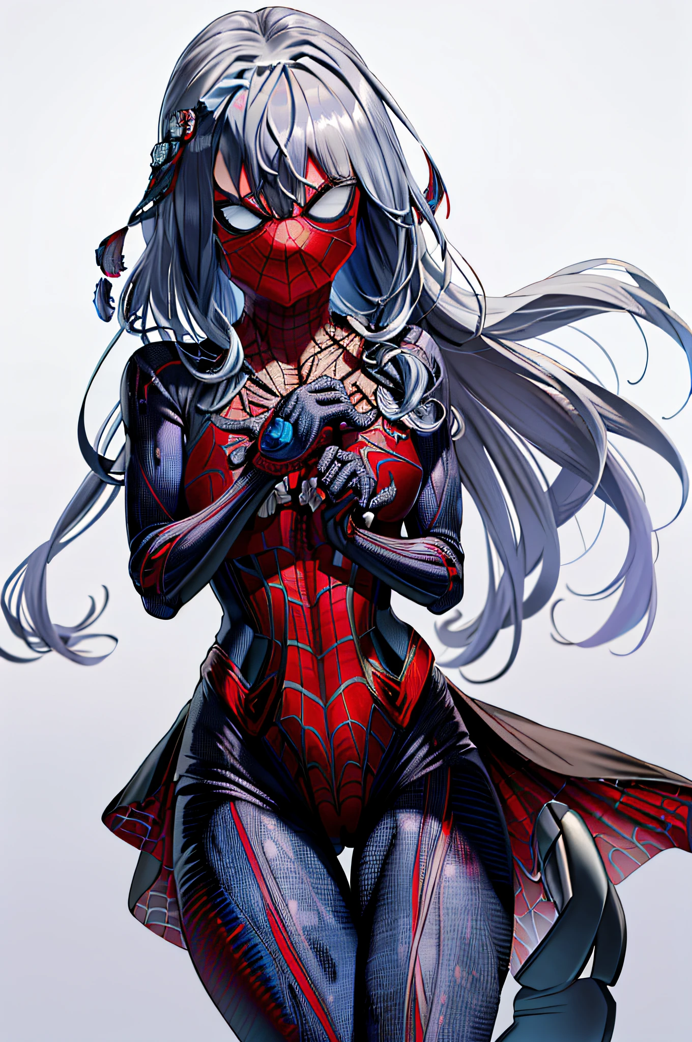 masterpiece, best quality, highres, kei1, 1girl, solo, blue eyes, long hair, (((wears a detailed female black spiderman costume with mask))) , ribbon, bangs, long hair and price, collar bone, gray hair, black hair band, neck ribbon, hair between eyes, medium-sized breasts, cowboy shot, smile, (((detailed anatomically correct body with detailed hands without errors)),  Complete eScenario detallado