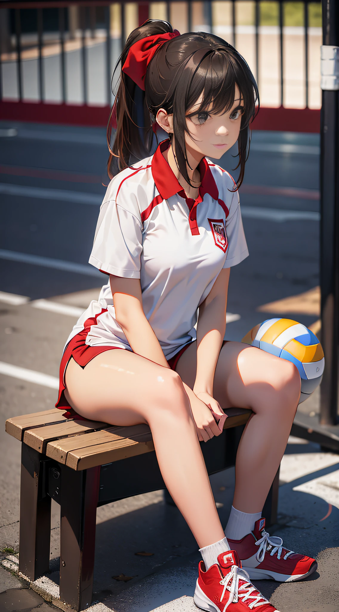 a beautiful young woman as holding up a volleyball ball on her legs, 1girl, solo, shirt, buruma, sitting, shoes, white shirt, volleyball, short sleeves, clothes lift, ball, gym uniform, bangs, 1girl, ponytail, (red china dress), varsity jacket, short skirt,