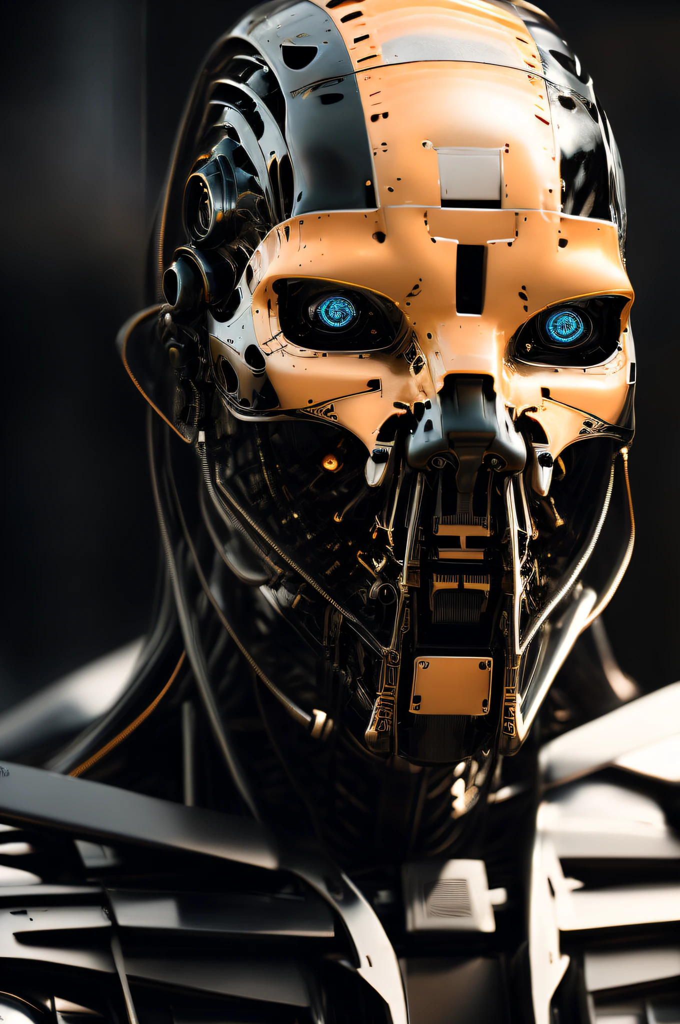 a closeup of a cyborg , deep focus, intricate details, matt black and orange colors, day, midday, photograph, highly detailed, 16k, blue bright eyes