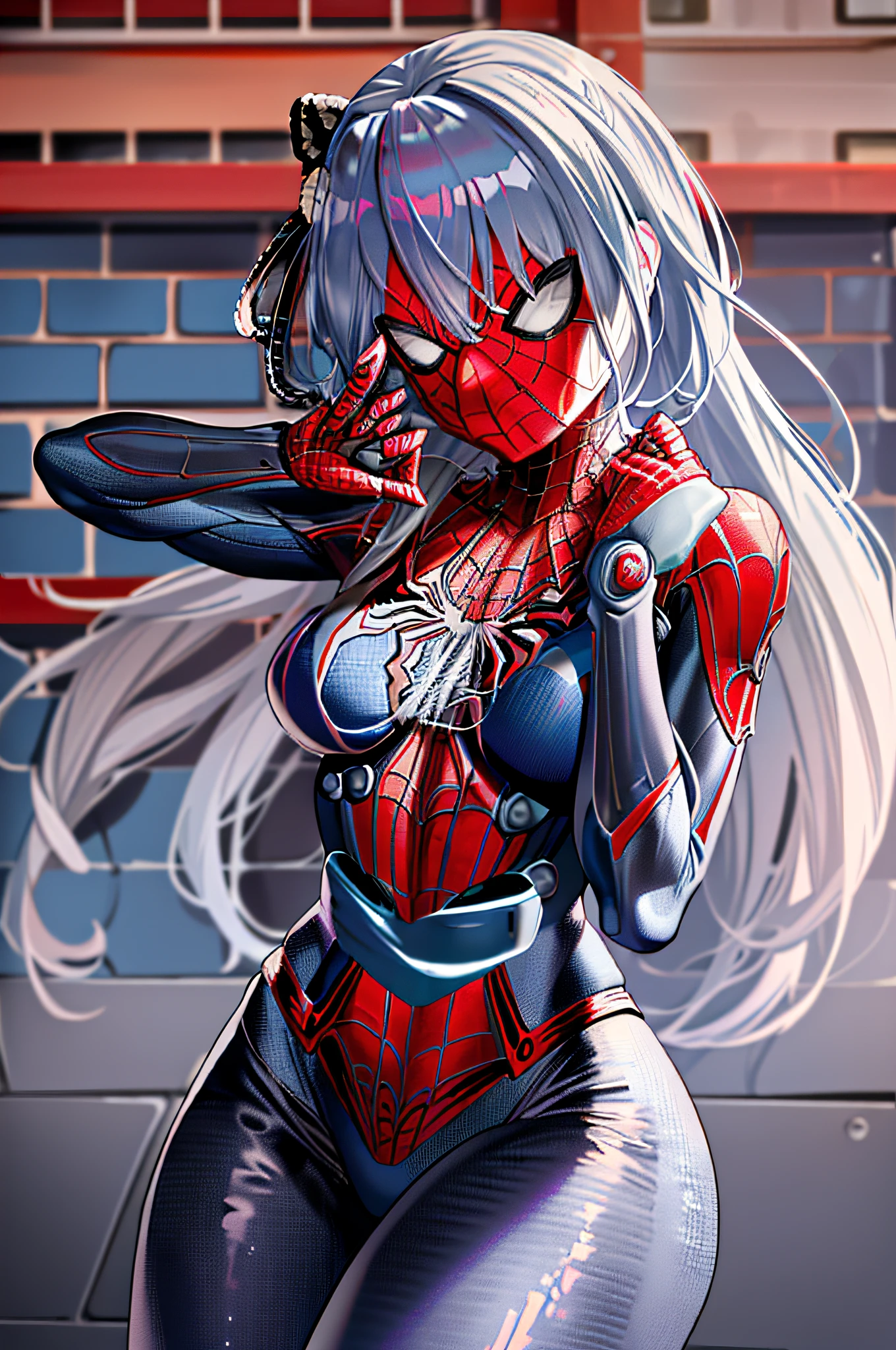 masterpiece, best quality, highres, kei1, 1girl, solo, blue eyes, long hair, (((wears a detailed female black spiderman costume with mask))) , ribbon, bangs, long hair and price, collar bone, gray hair, black hair band, neck ribbon, hair between eyes, medium-sized breasts, cowboy shot, smile, (((detailed anatomically correct body with detailed hands without errors)),  (she's climbing a building like a spider), (complete escenario detallado)