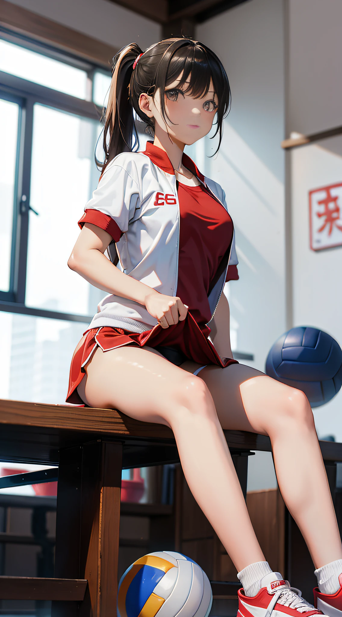a beautiful young woman as holding up a volleyball ball on her legs, 1girl, solo, shirt, buruma, sitting, shoes, white shirt, volleyball, short sleeves, clothes lift, ball, gym uniform, bangs, 1girl, ponytail, (red china dress), varsity jacket, short skirt,