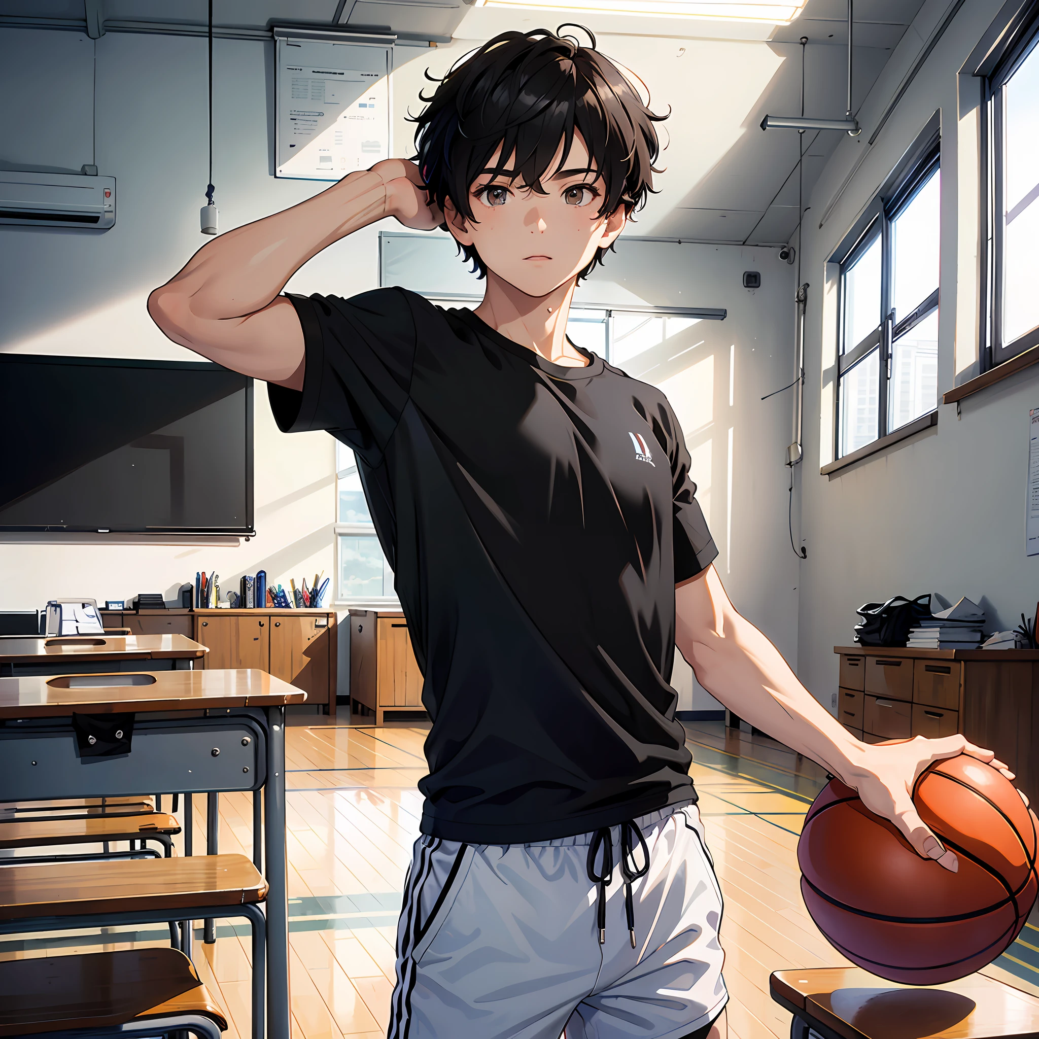 Ultra High Resolution, 16k, ((Masterpiece)), ((Best Quality))), ((Ultra Detailed)), Upper Body View, A Boy, Short Hair, Comma Hair, Hair Between Eyes, Black T-Shirt, Holding a Basketball, In the classroom